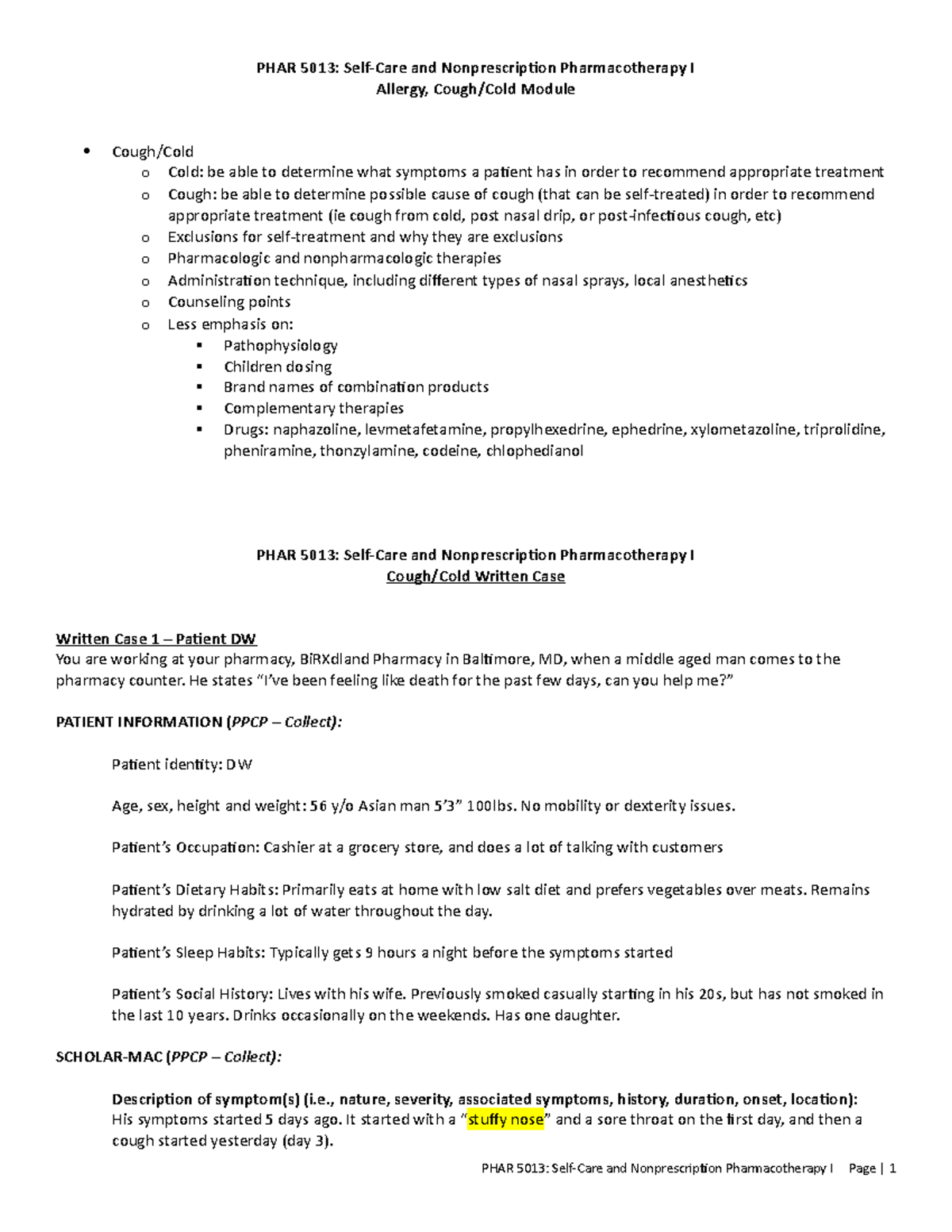 Cough Cold Preparation PHAR 5013 SelfCare and Nonprescription