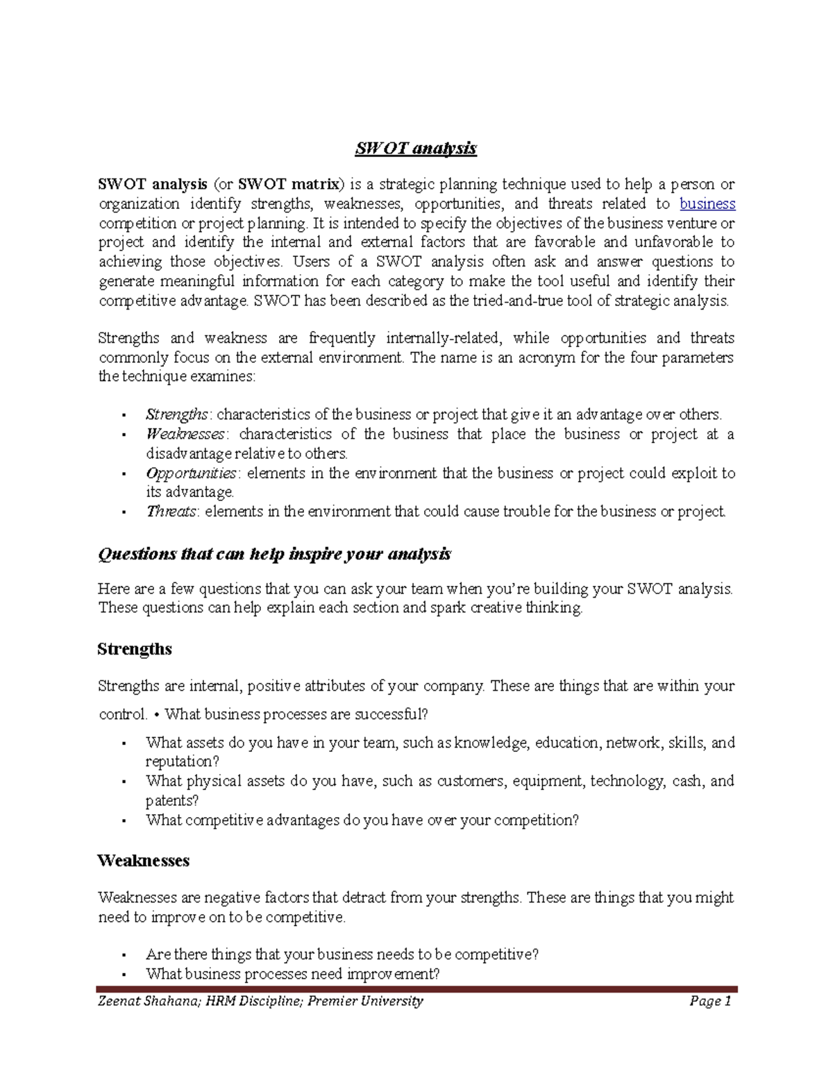 BCA-Swotzeenat - Swot analysis - Business Case Analysis - Studocu