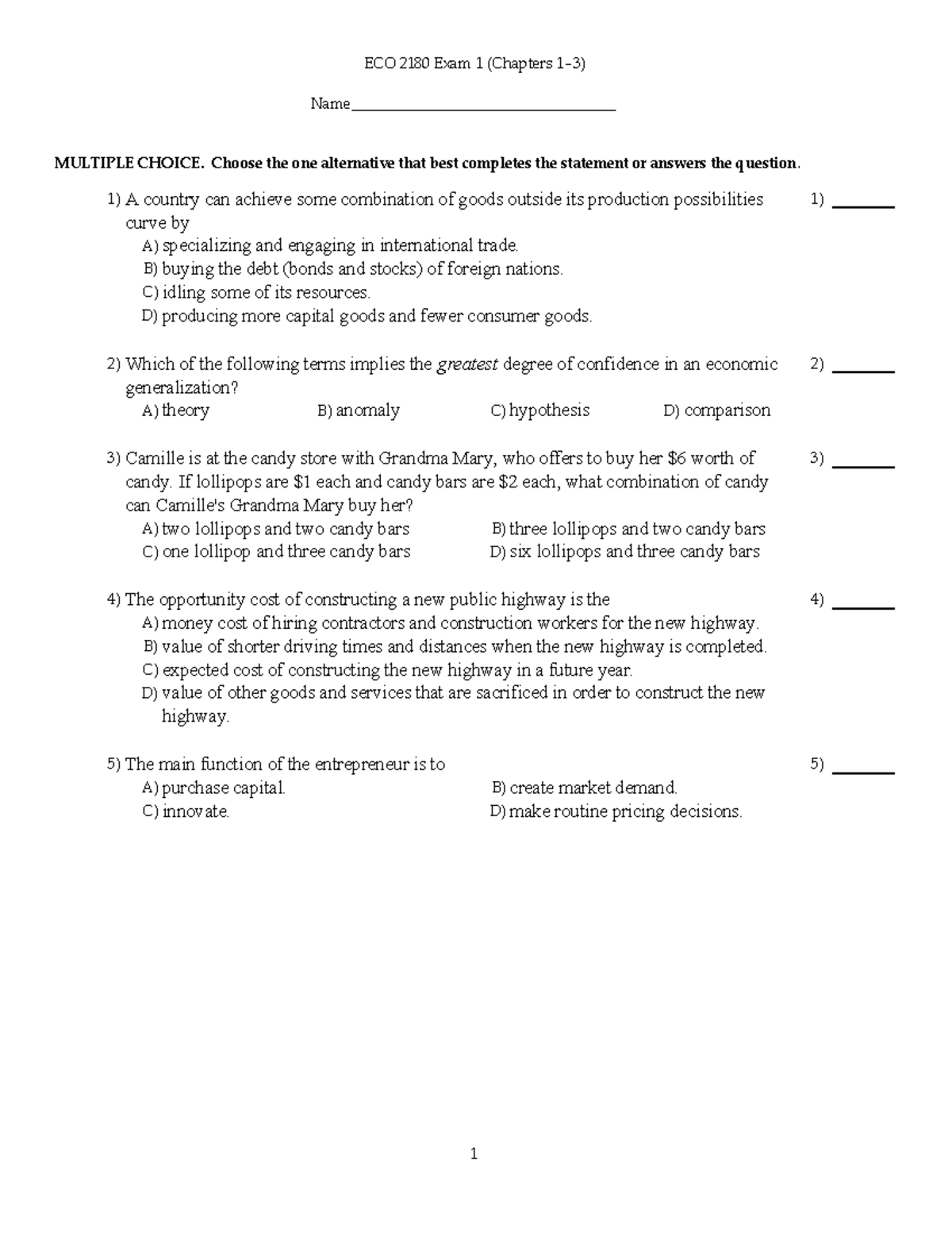 ECO 2180 Test 1 KEY - This is the economic test key for the practice ...