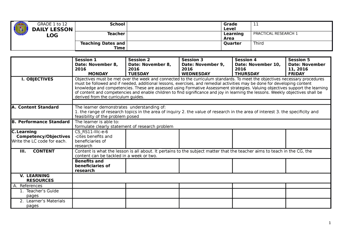 330446418 DLL Research 1 Week 3 LC6 - GRADE 1 to 12 DAILY LESSON LOG ...