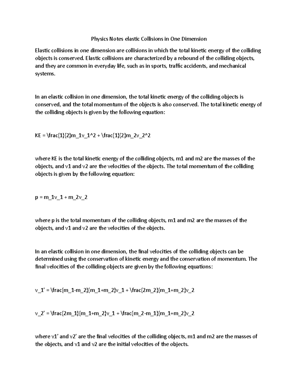 Physics Notes Elastic Collisions In One Dimension - Elastic Collisions ...