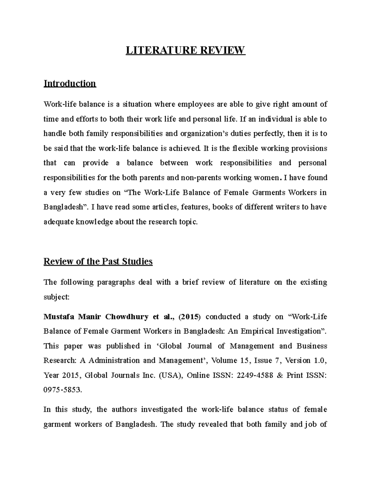 Literature Review of work life - LITERATURE REVIEW Introduction Work ...