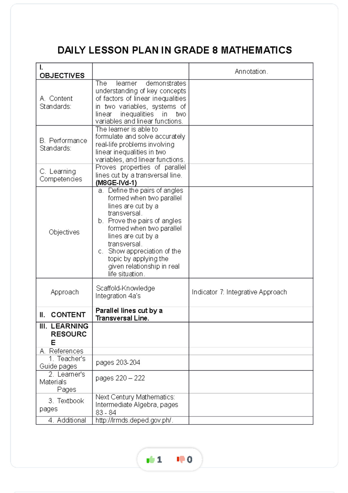 Jeremy-cot-4-cot compress - DAILY LESSON PLAN IN GRADE 8 MATHEMATICS I ...