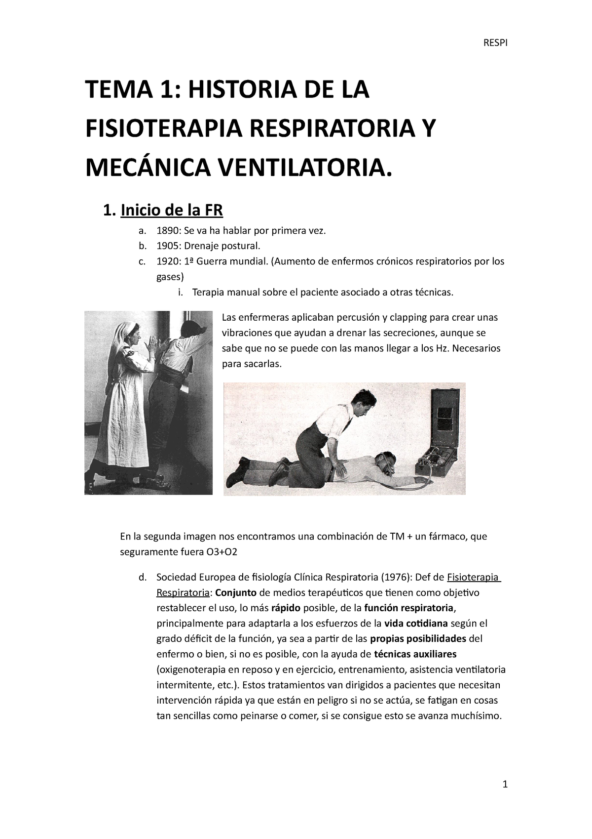 Apuntes Respi TEMA HISTORIA DE LA FISIOTERAPIA RESPIRATORIA Y MECÁNICA VENTILATORIA