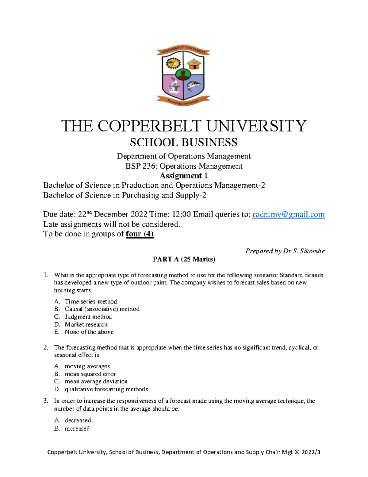 Assignment 1 BSP 236-Operations Management 2022 23 - THE COPPERBELT ...