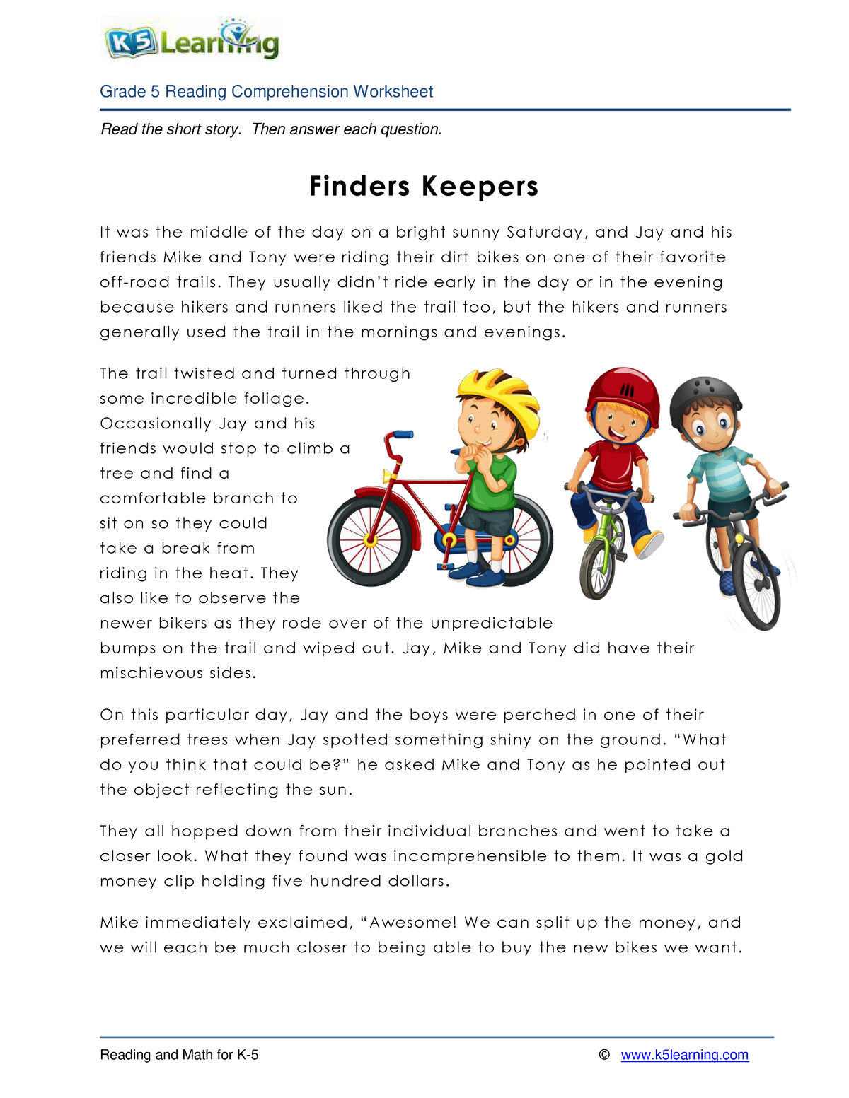 5th grade 5 reading finders - Read the short story. Then answer each ...