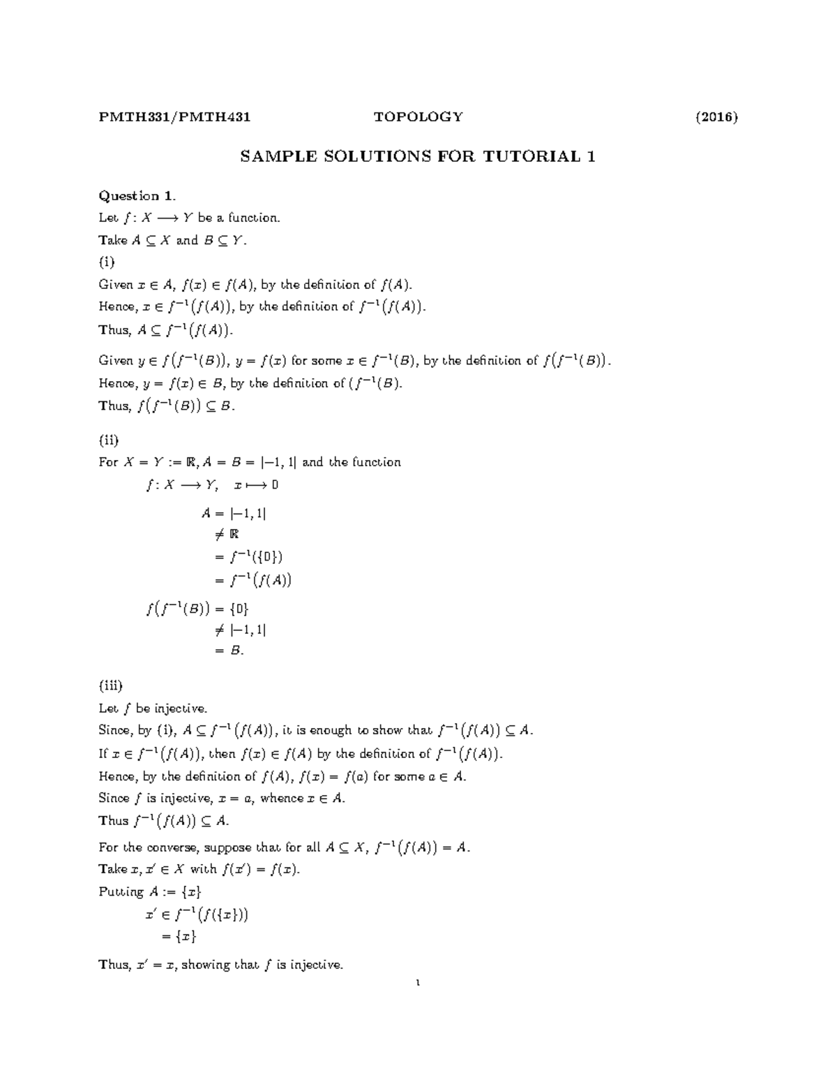 PMTH331 2014 Tutorial 1 Sample Solutions - PMTH331/PMTH431 TOPOLOGY ...