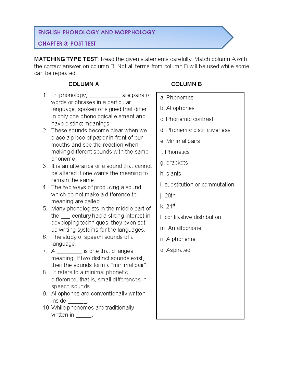 Posttest- Chapter 3-CELS104 - MATCHING TYPE TEST : Read the given ...
