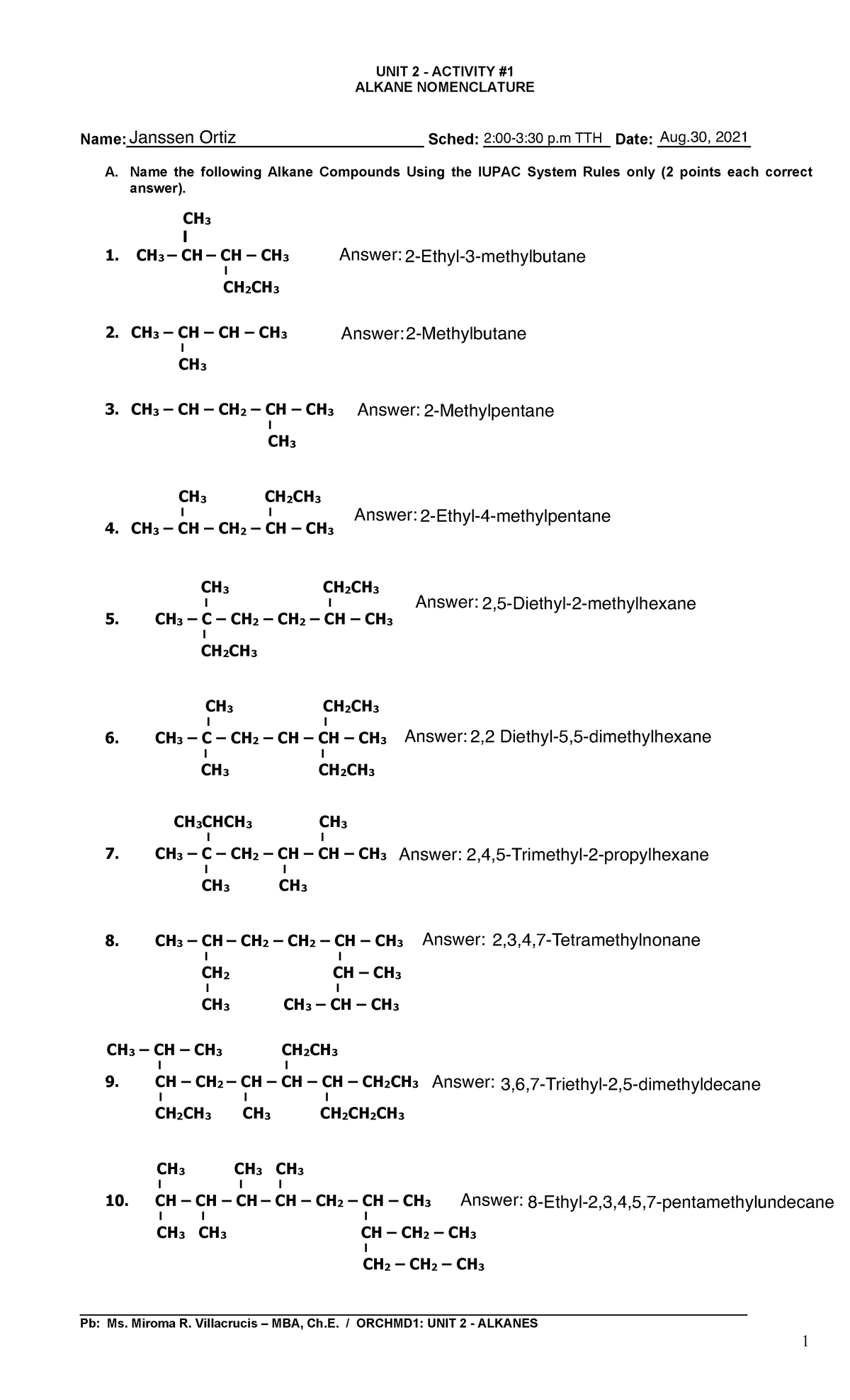 Assignment 1 Unit 2 Nomenclature Of Alkanes (20212312) Ortiz, Janssen S 