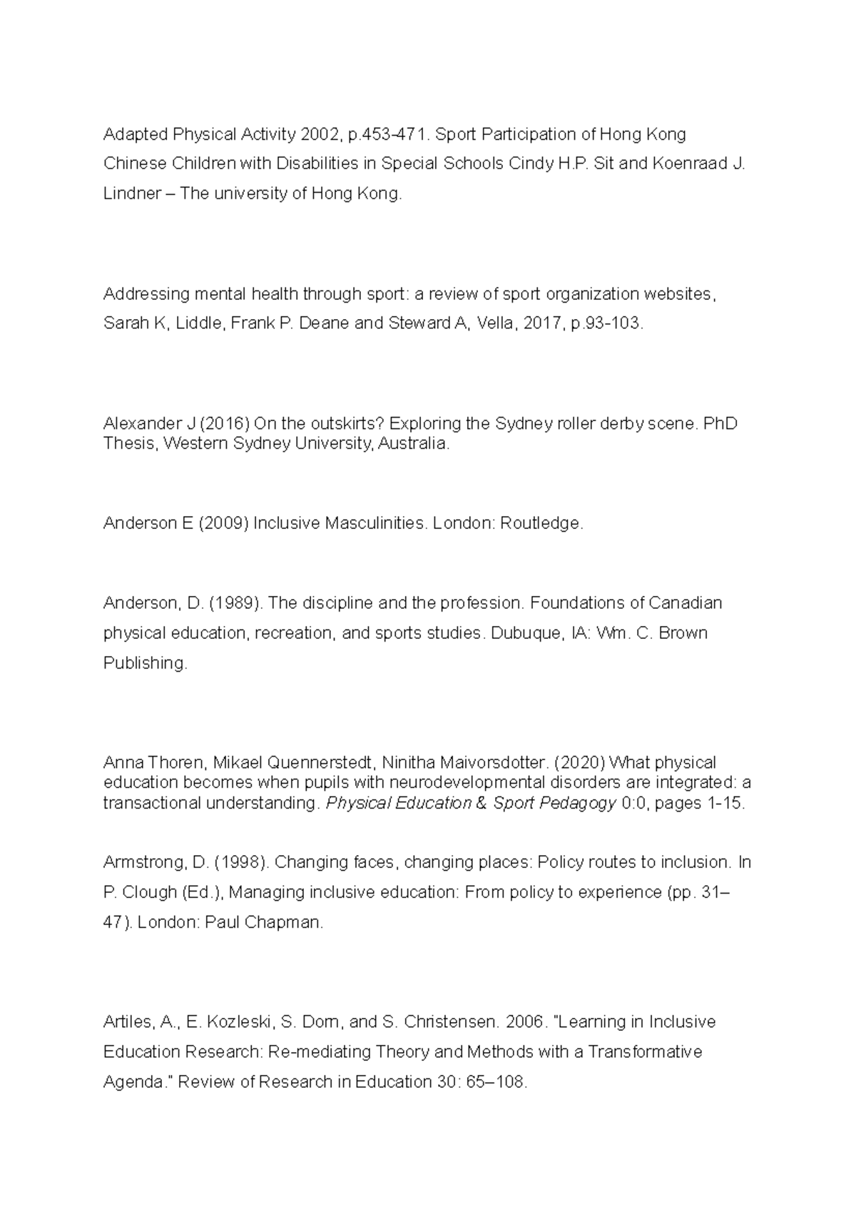 Dissertation References Adapted Physical Activity 2002, p471. Sport