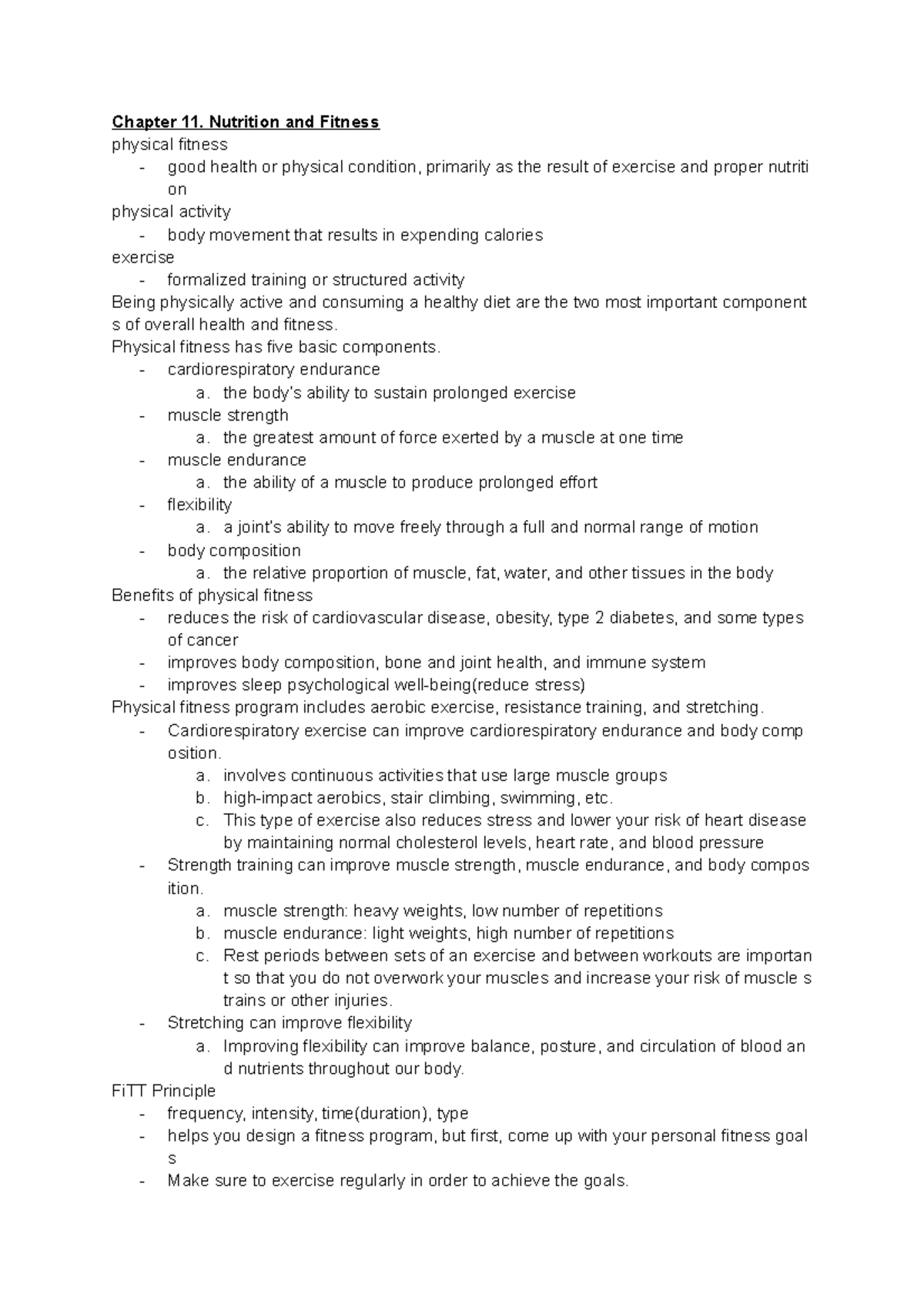 N- chapter 11 notes - Chapter 11. Nutrition and Fitness physical ...
