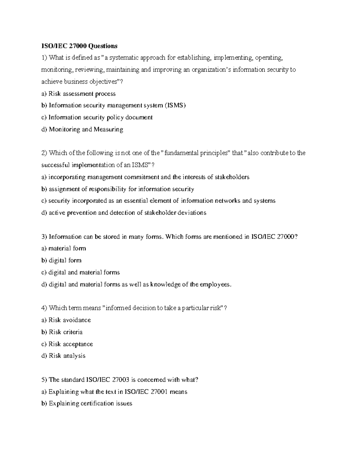 Example Exam Without Answers ISO IEC 27000 Questions What Is Defined