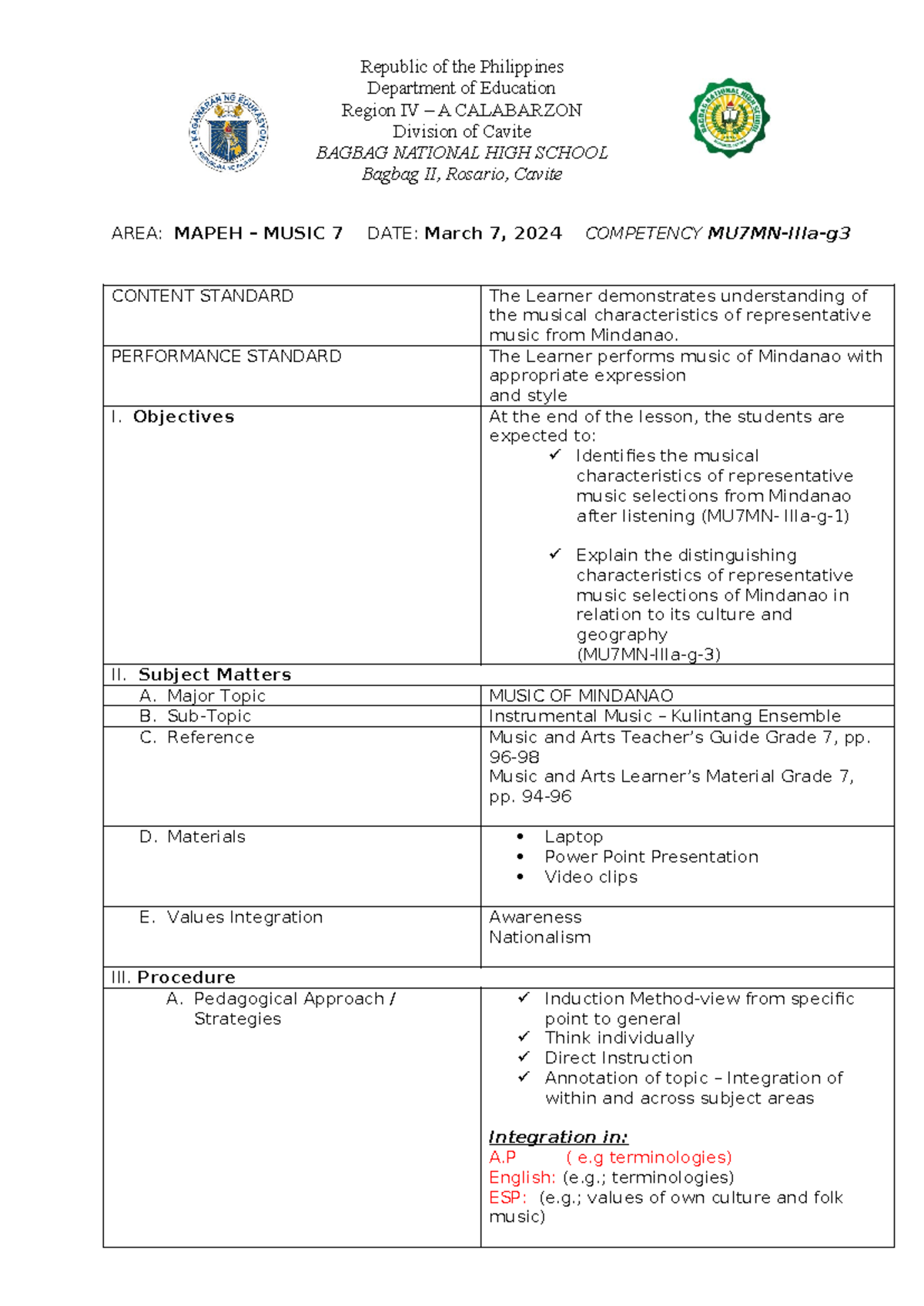 Detailed Lesson Plan in Music Grade 7 Q3 L4a - Republic of the ...