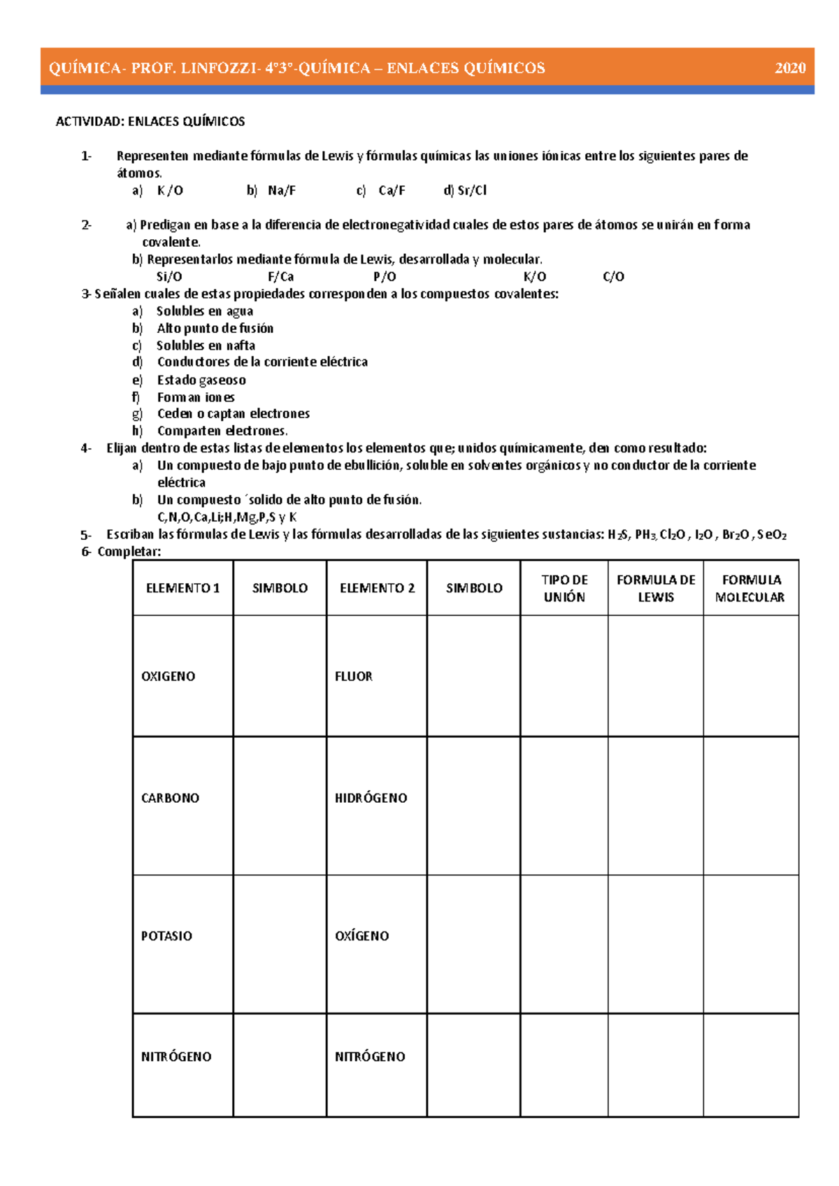 Actividad Enlaces Químicos - QUÍMICA- PROF. LINFOZZI- 4°3°-QUÍMICA ...