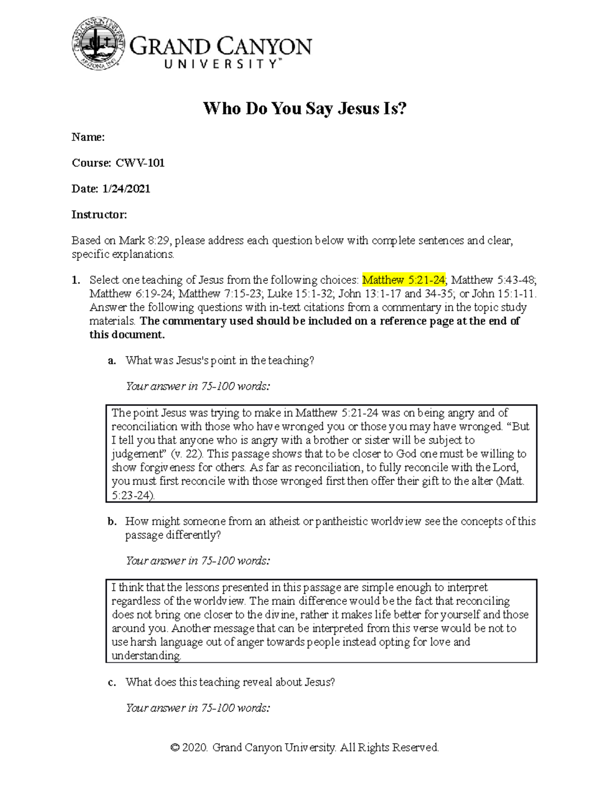 Cwv 101 301 Rs T4who Do You Say Jesus Is Online Cwv 101 Christian Studocu