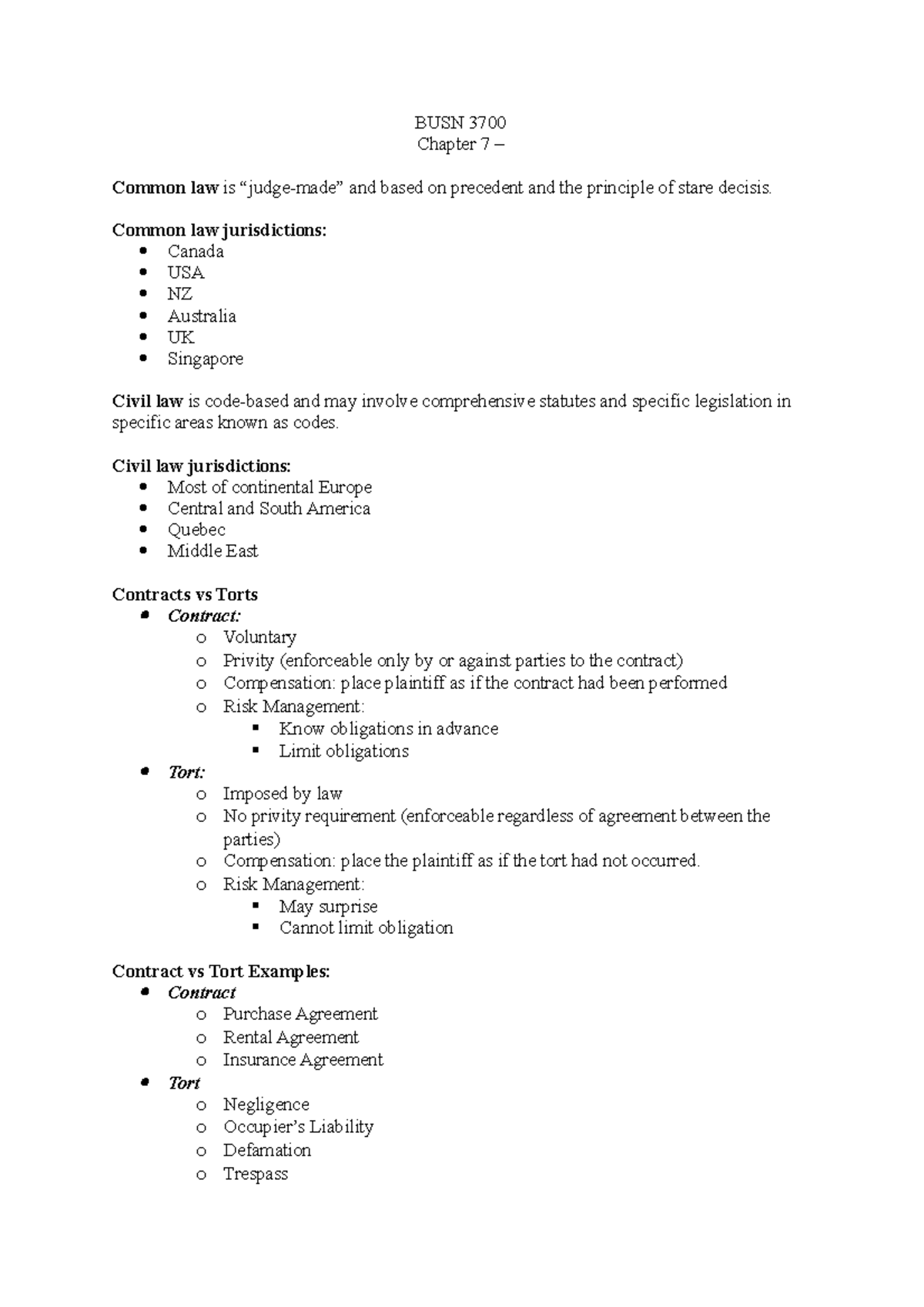 BUSN 3700 - Chapter 7 Notes - BUSN 3700 Chapter 7 – Common law is ...