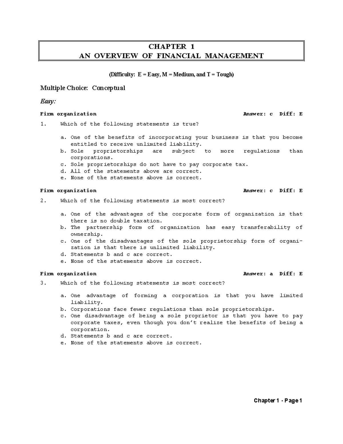 Tb Chapter 01 Overview Of Financial Management - (Difficulty: E = Easy ...