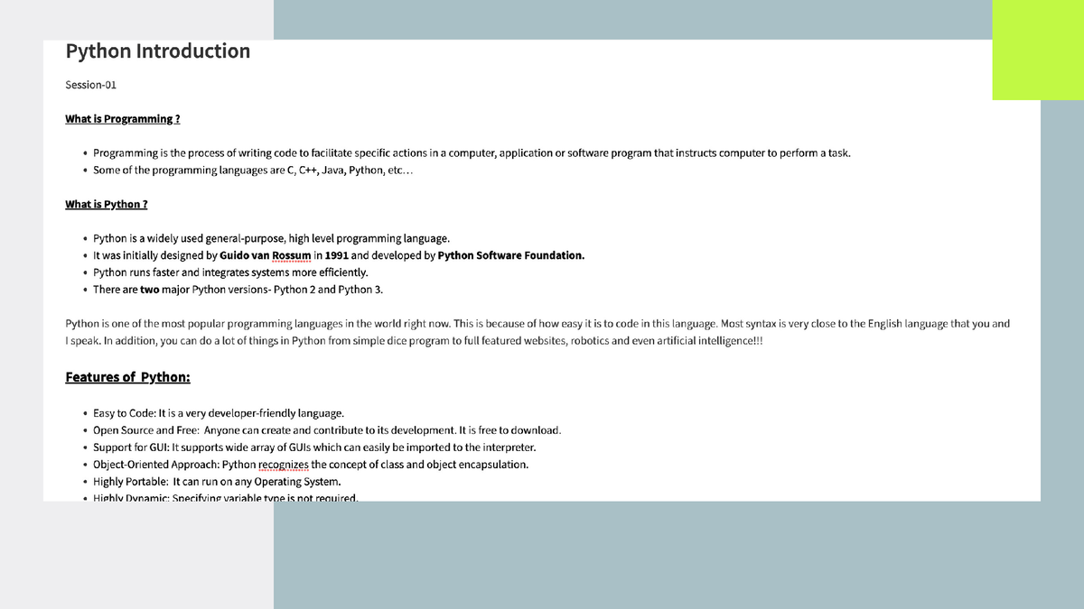 Python Basics Class 1 - Introduction To Python Programming - Studocu