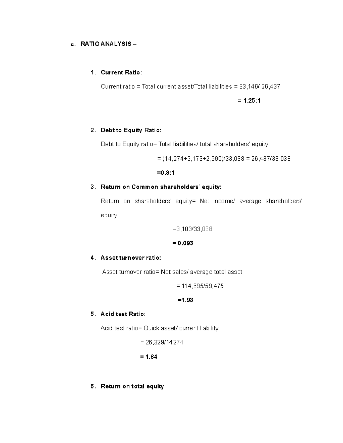 Ratio Analysis - a. RATIO ANALYSIS – 1. Current Ratio: Current ratio ...
