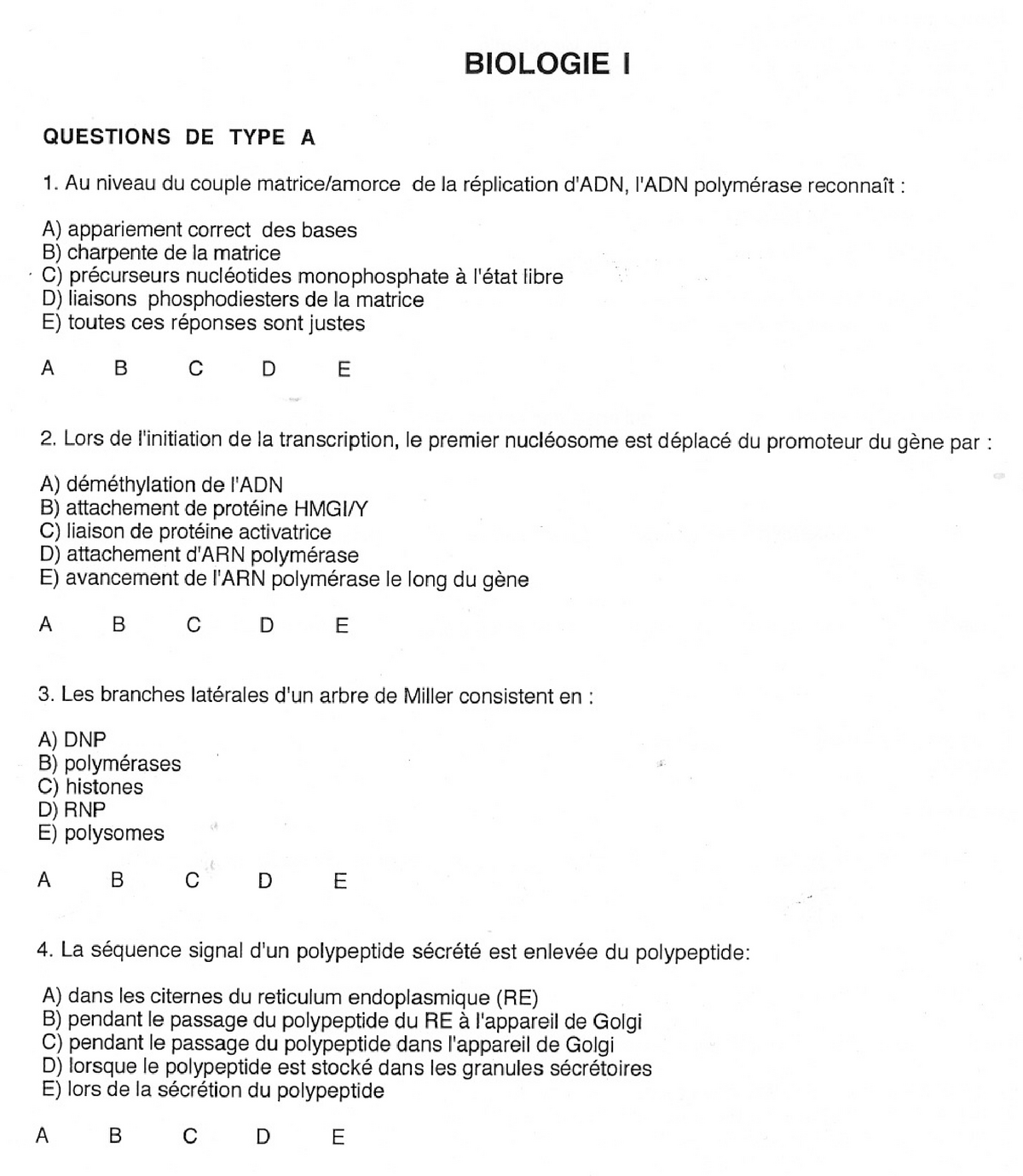 P - Biologie Fondamentale Qcm - BIOLOGIE 1 ####### QUESTIONS DE TYPE A ...