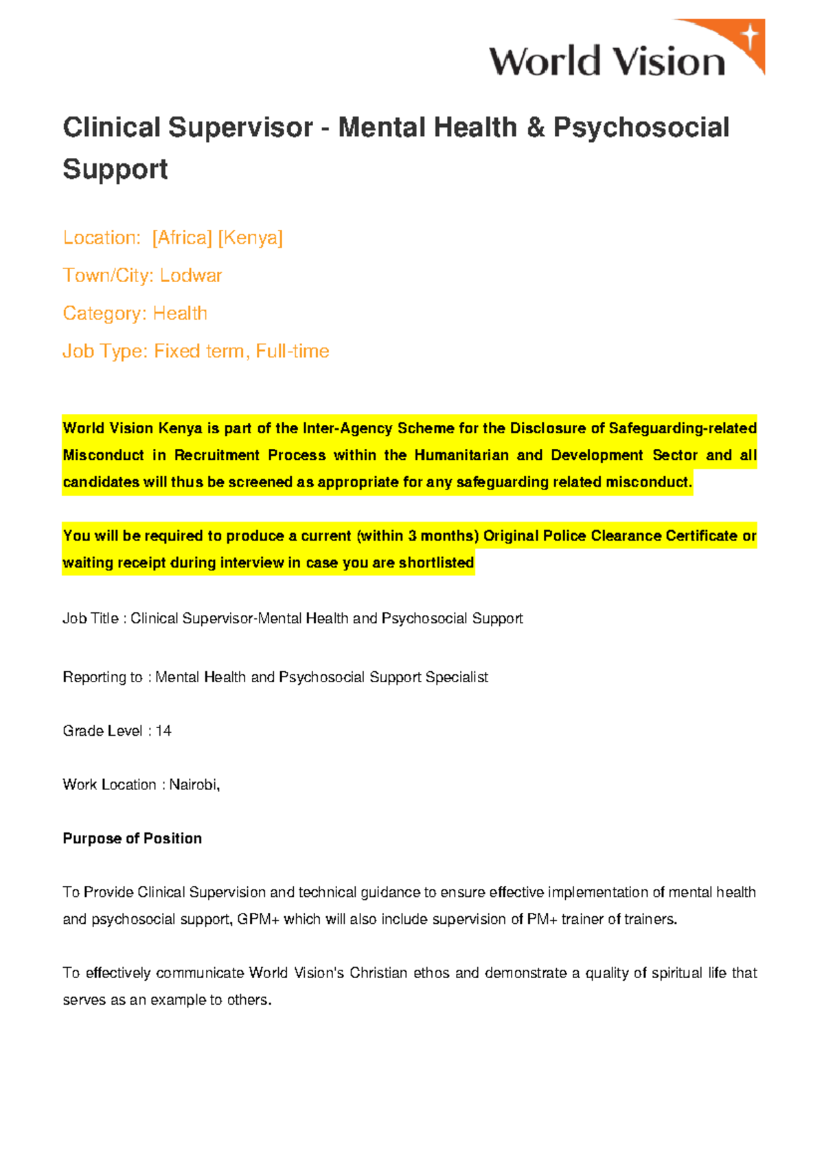 Job details Clinical Supervisor - Mental Health & Psychosocial Support ...