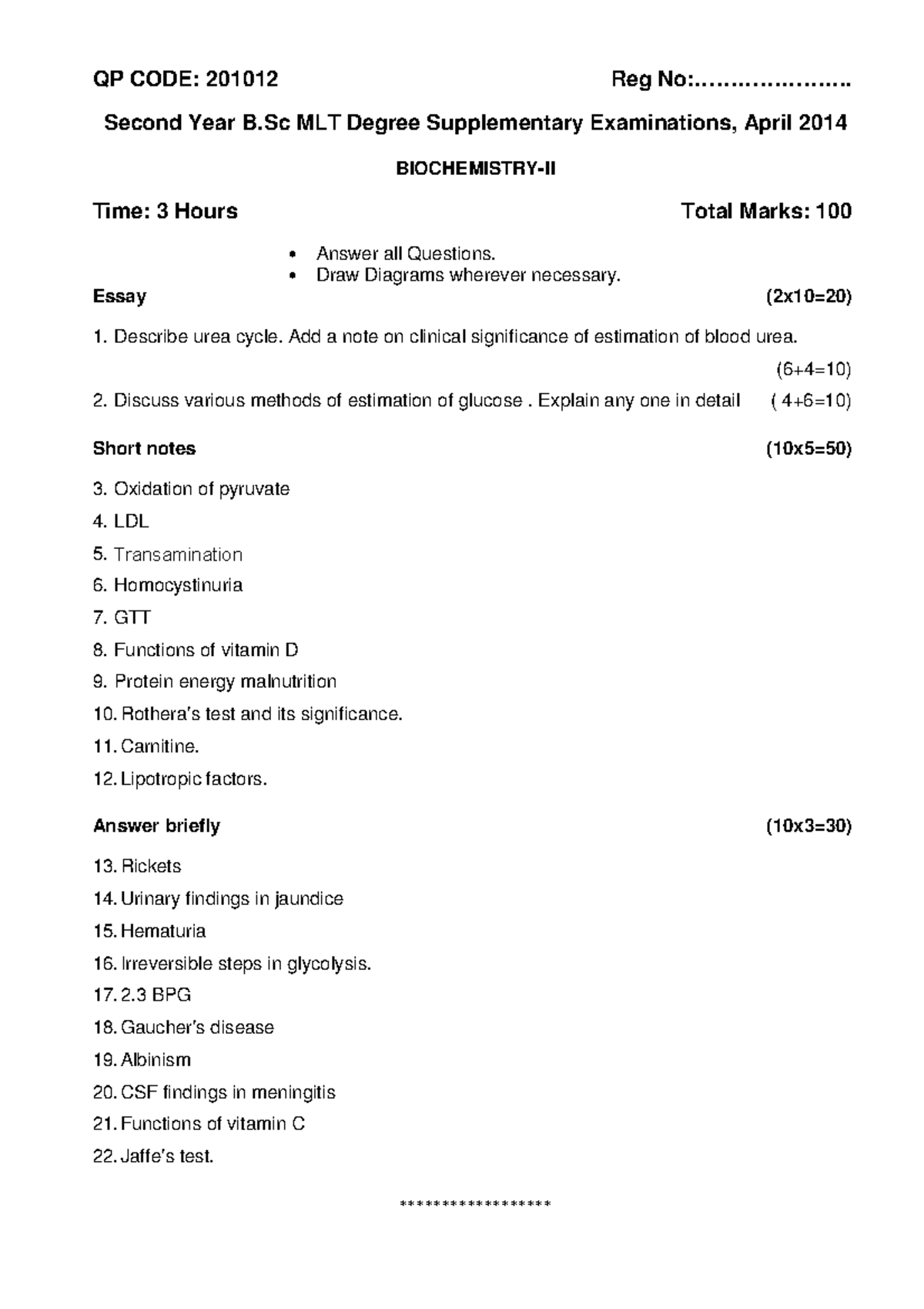 kuhs-second-year-bsc-mlt-exam-question-paper-april-2014-biochemistry-ii