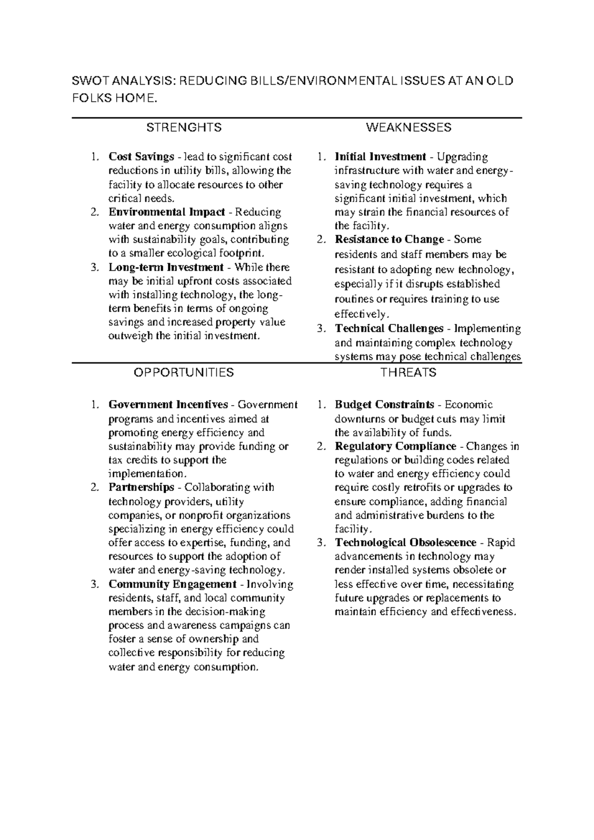 SWOT Analysis - SWOT ANALYSIS: REDUCING BILLS/ENVIRONMENTAL ISSUES AT ...