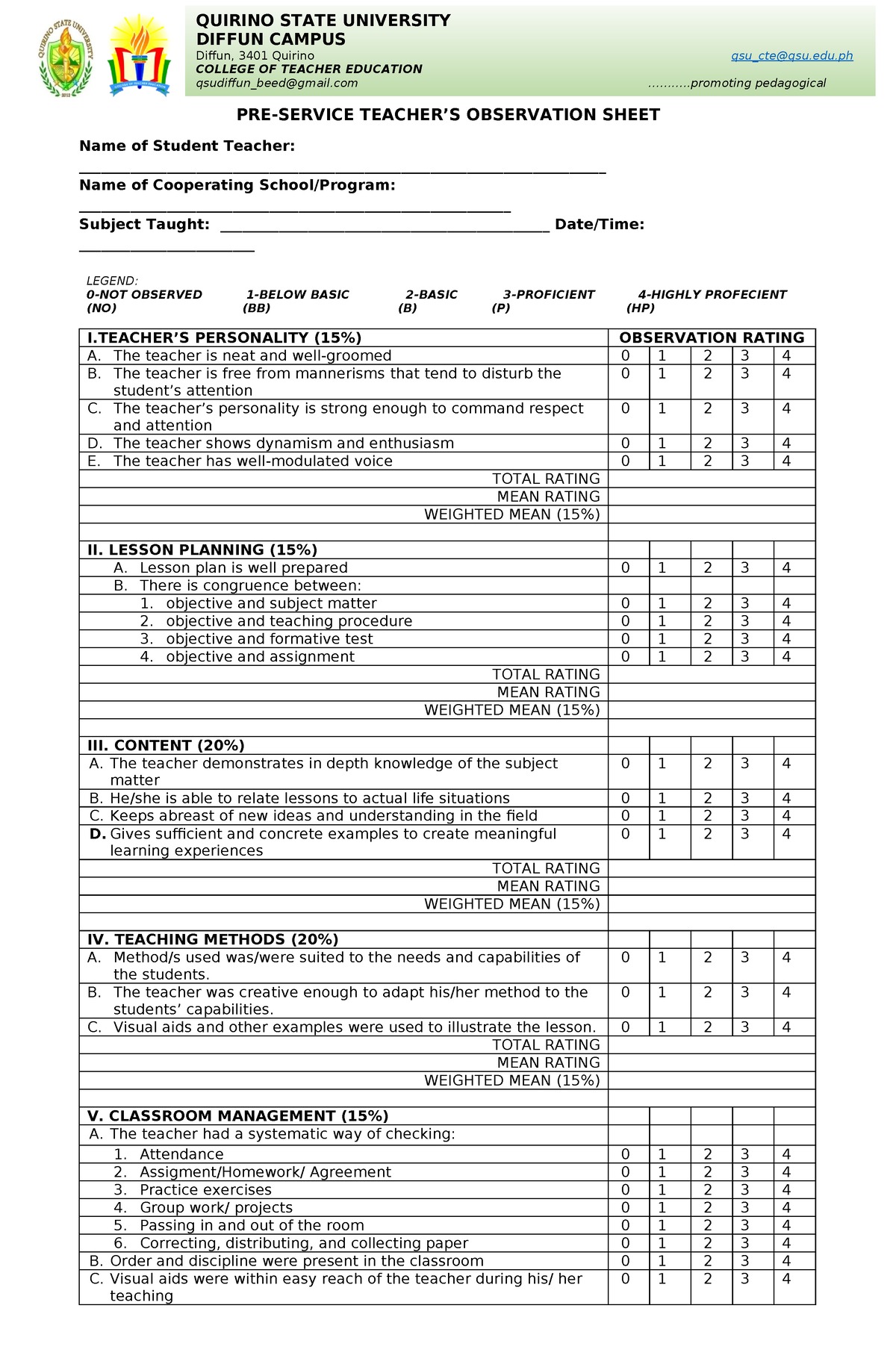 Observation Sheet cte 2024 - QUIRINO STATE UNIVERSITY DIFFUN CAMPUS ...