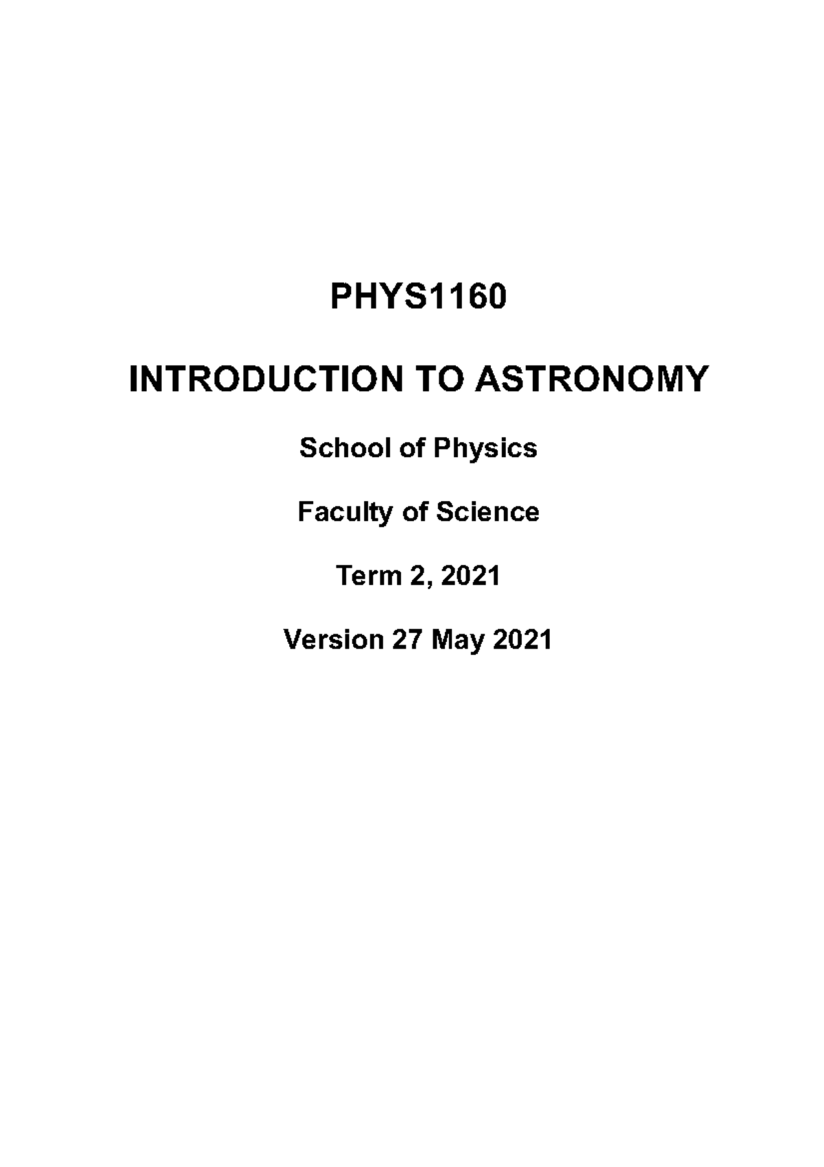 2021 T2 PHYS1160 course outline - PHYS INTRODUCTION TO ASTRONOMY School ...