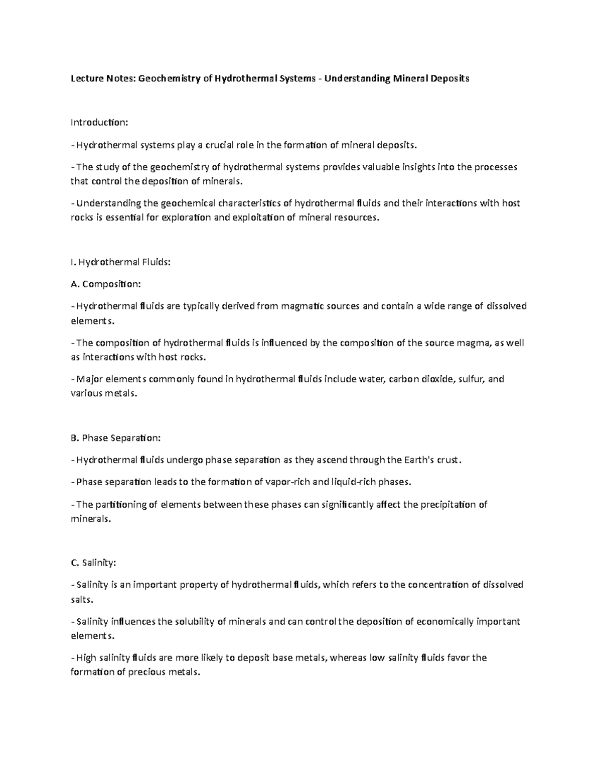 Lecture Notes: Geochemistry of Hydrothermal Systems - Understanding ...
