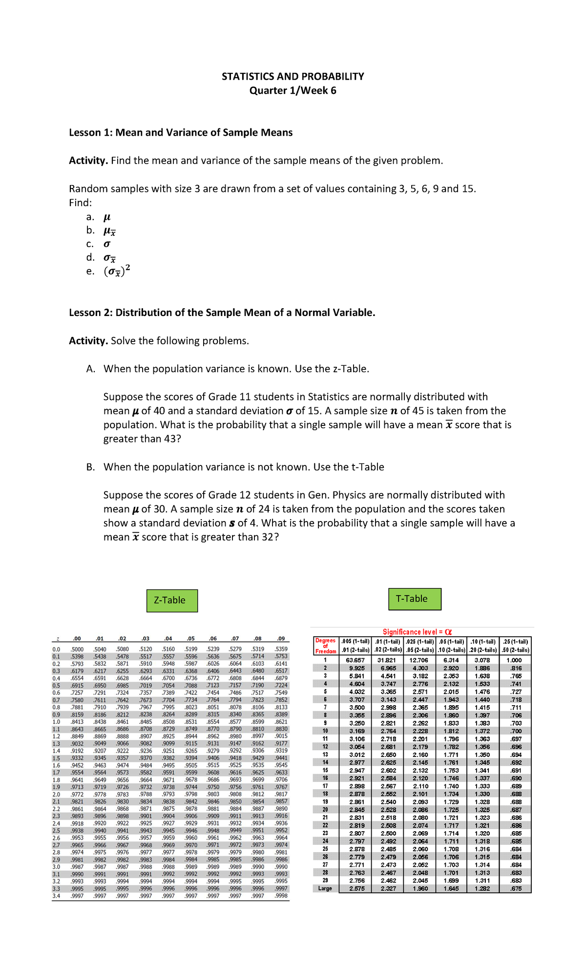 Stat Prob Q1 Wk6 Activity - STATISTICS AND PROBABILITY Quarter 1/Week 6 ...