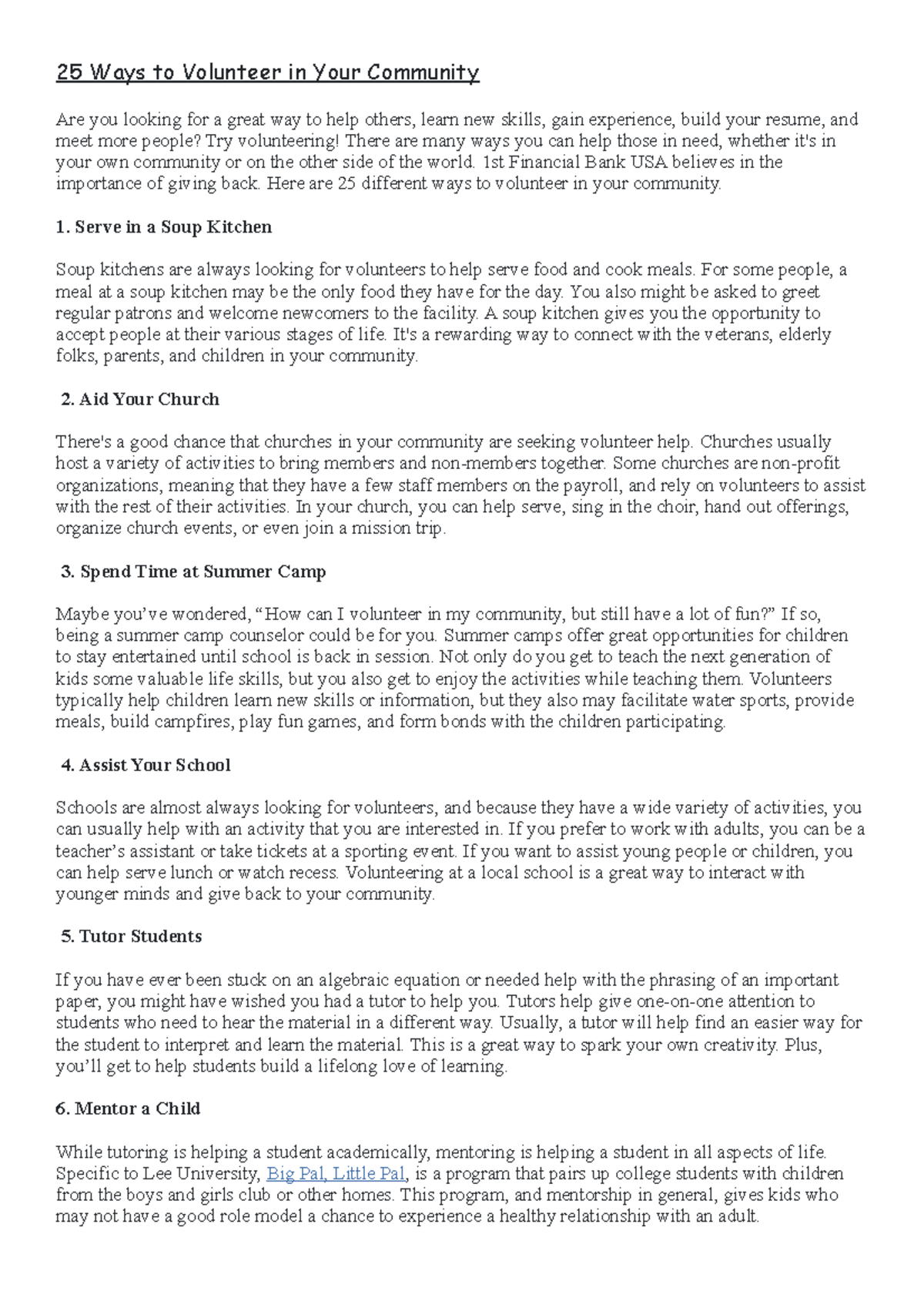 25 Ways to Volunteer in Your Community - 1st Financial Bank USA ...