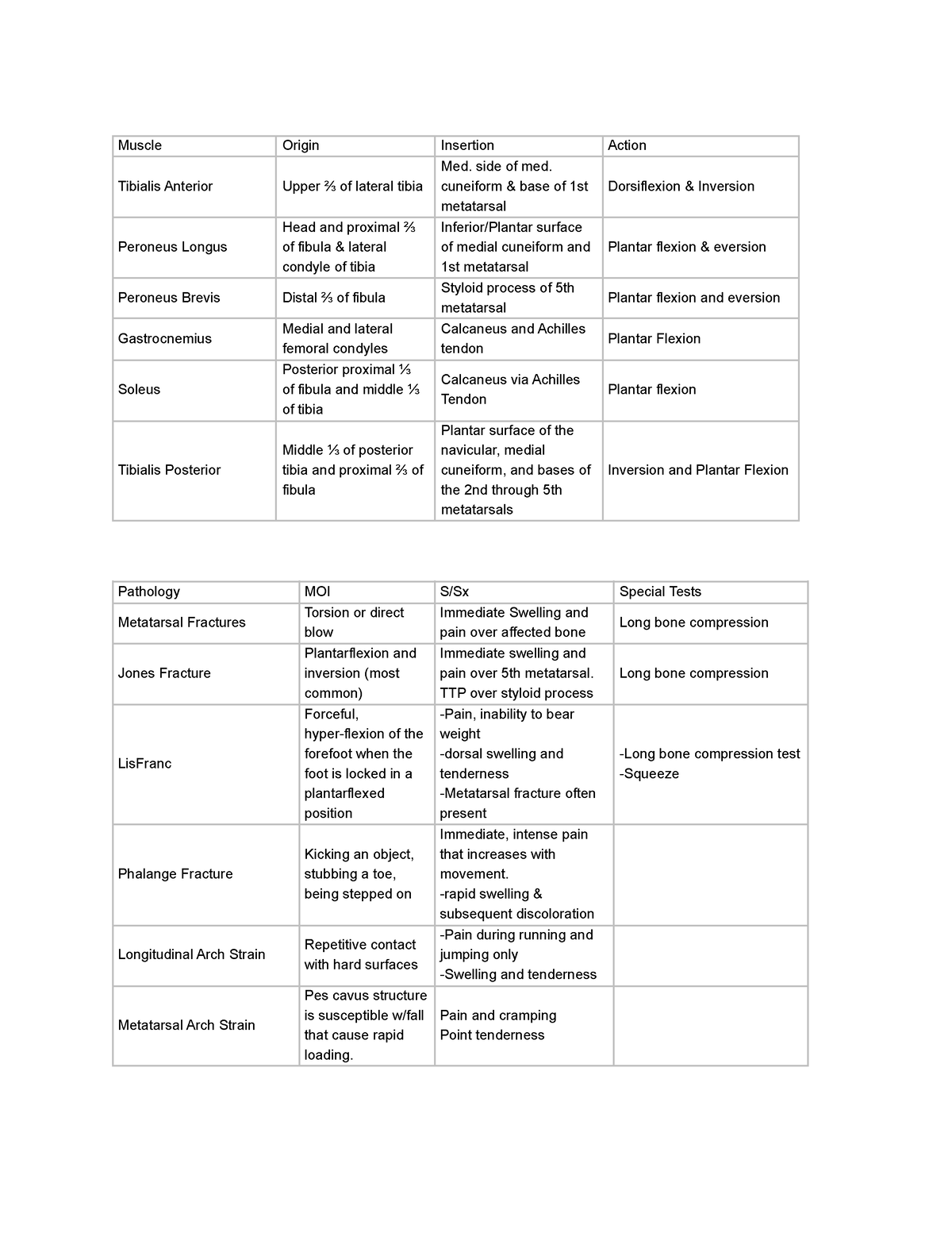 Lower Leg Chart-2 - Muscle Origin Insertion Action Tibialis Anterior ...