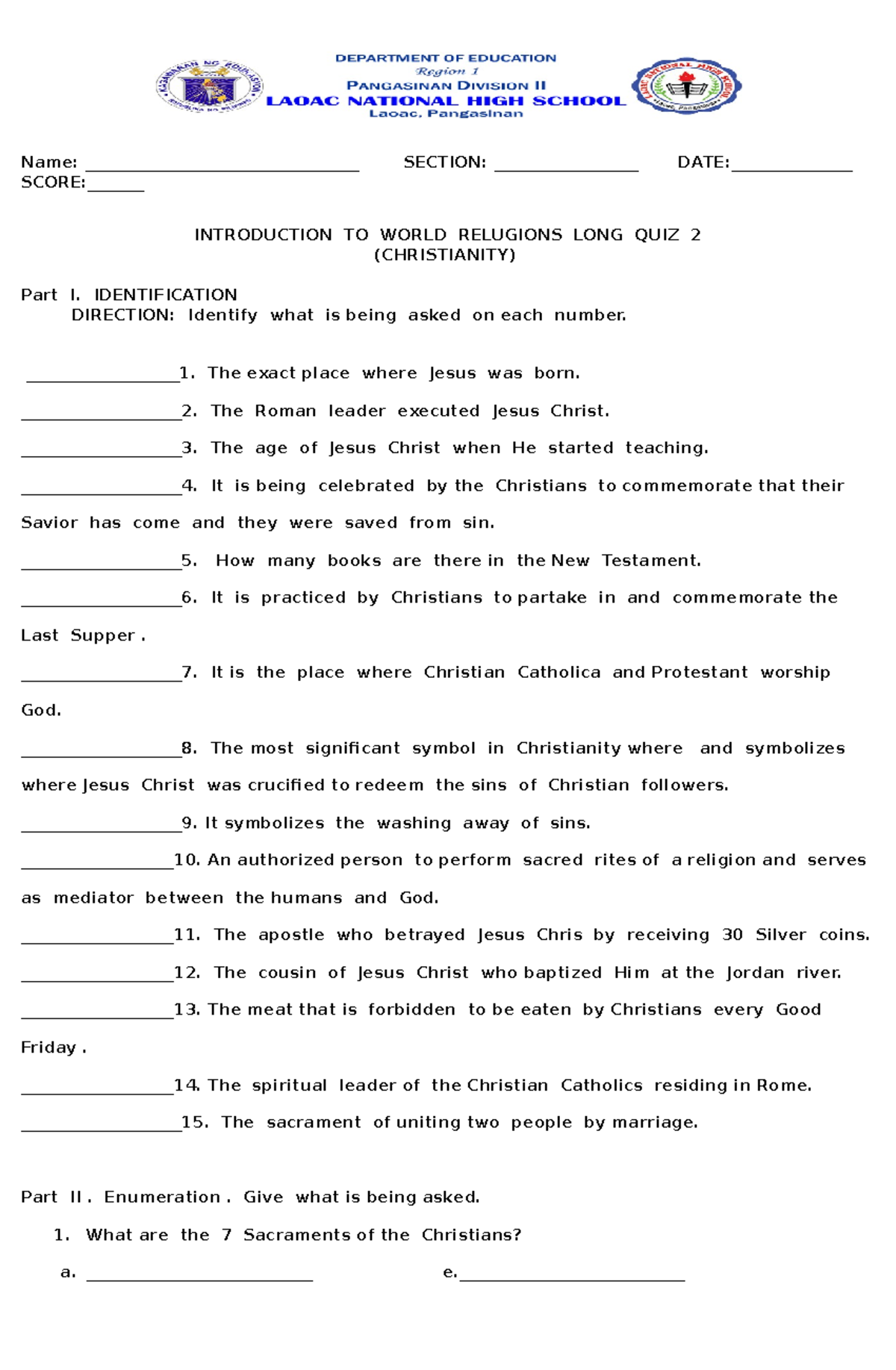 Long Quiz 2 Christianity - Name ...