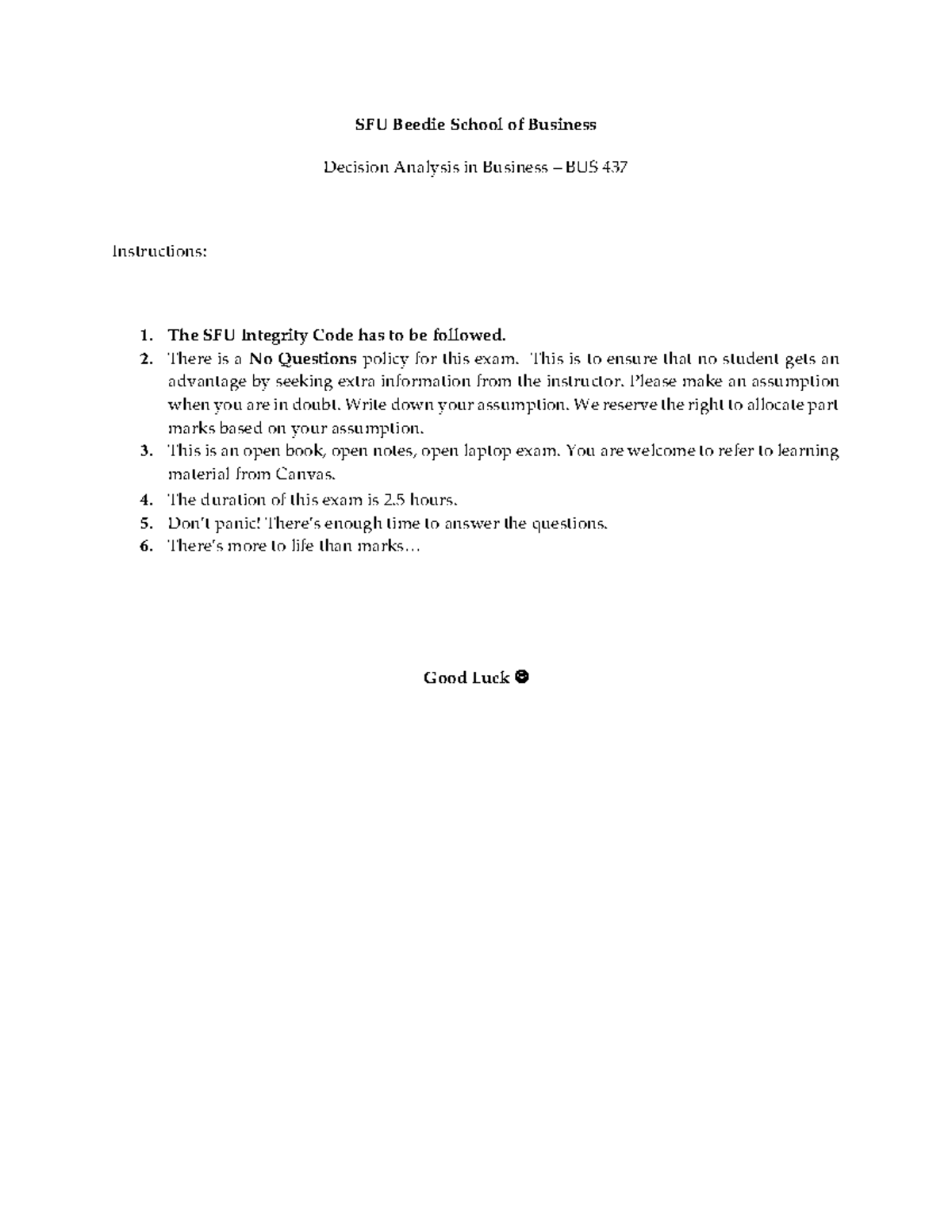 Solutions Sample Midterm Exam - SFU Beedie School of Business Decision ...