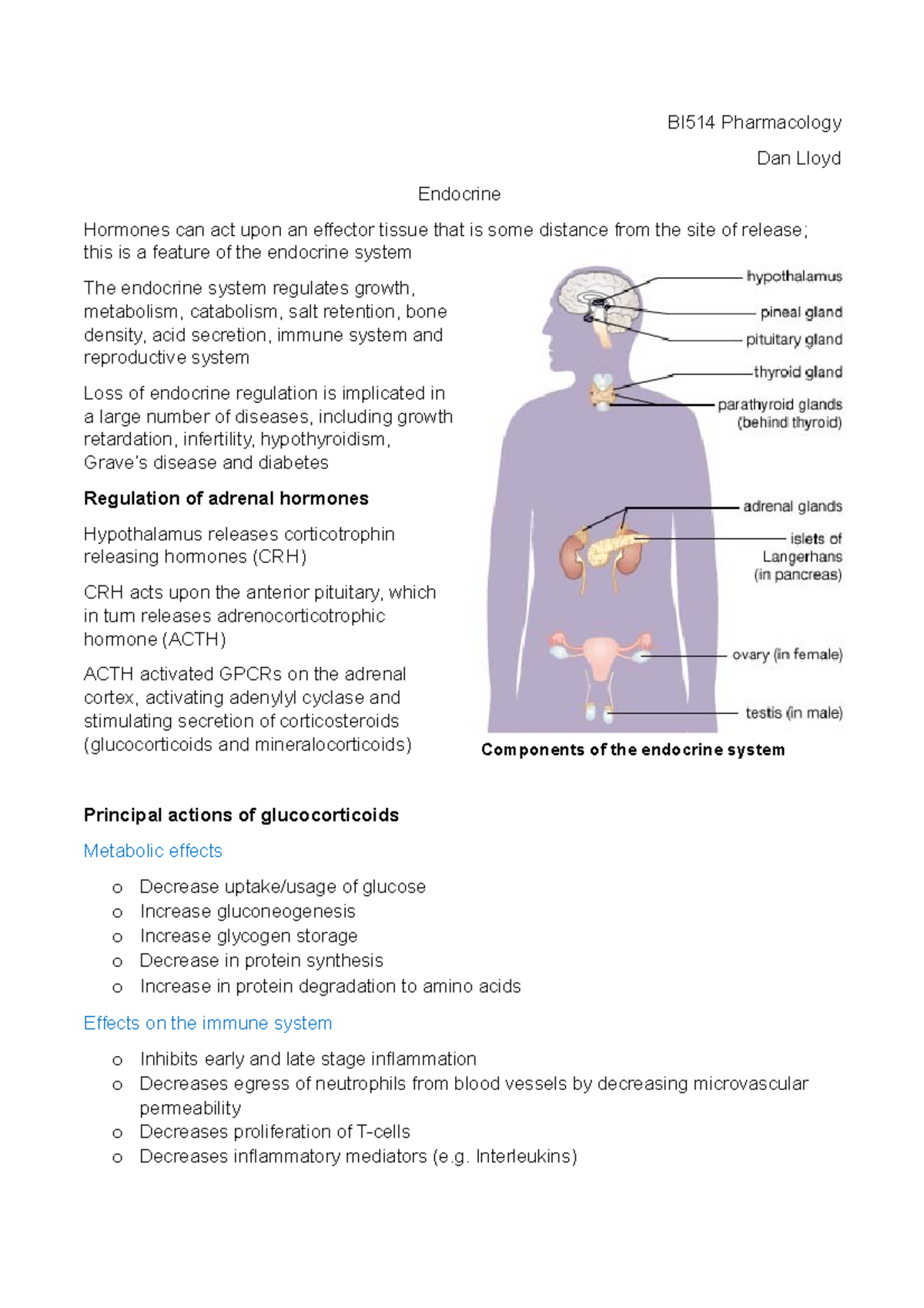 Endocrine system - Lecture notes - BI514 Pharmacology Dan Lloyd ...