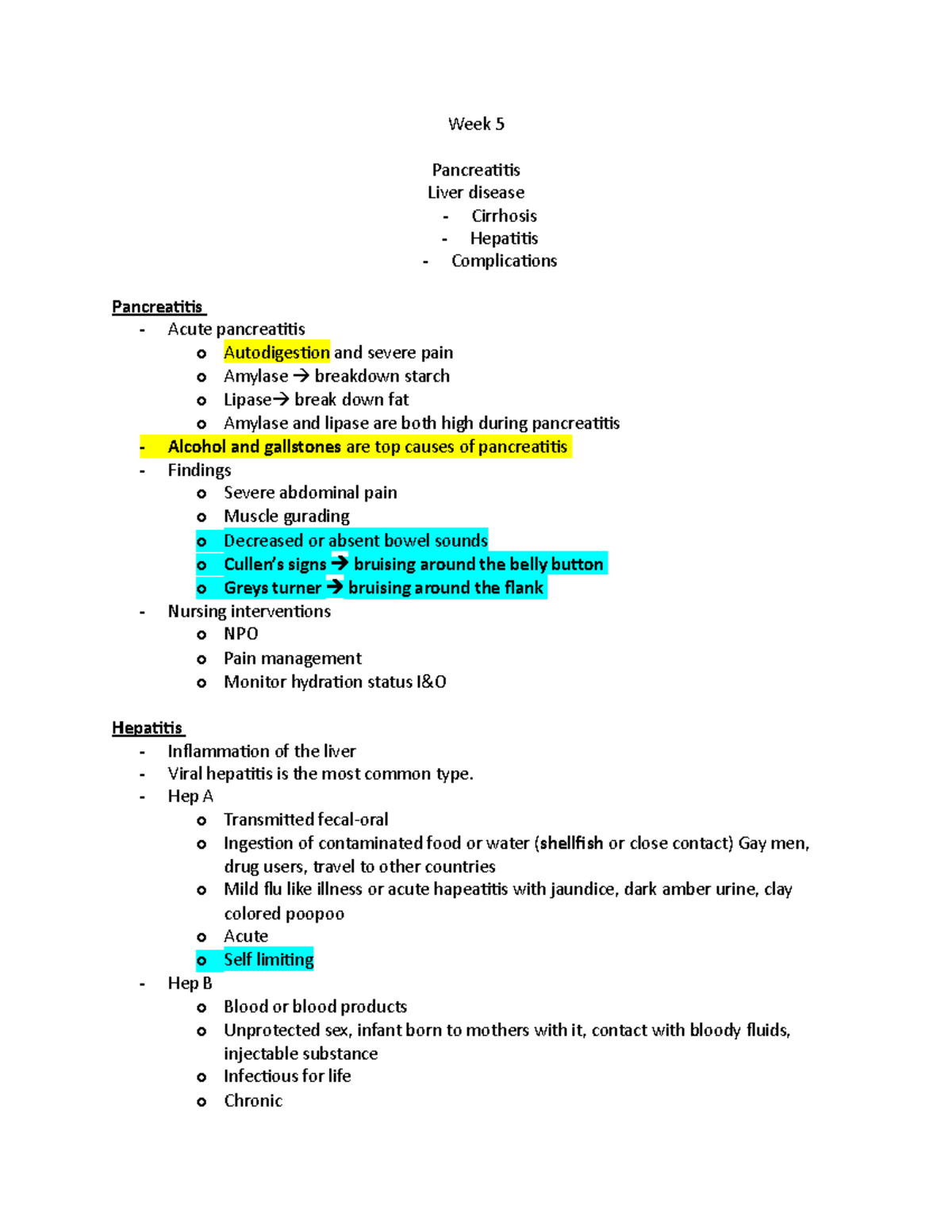 Week 5 notes - Week 5 Pancreatitis Liver disease Cirrhosis Hepatitis ...