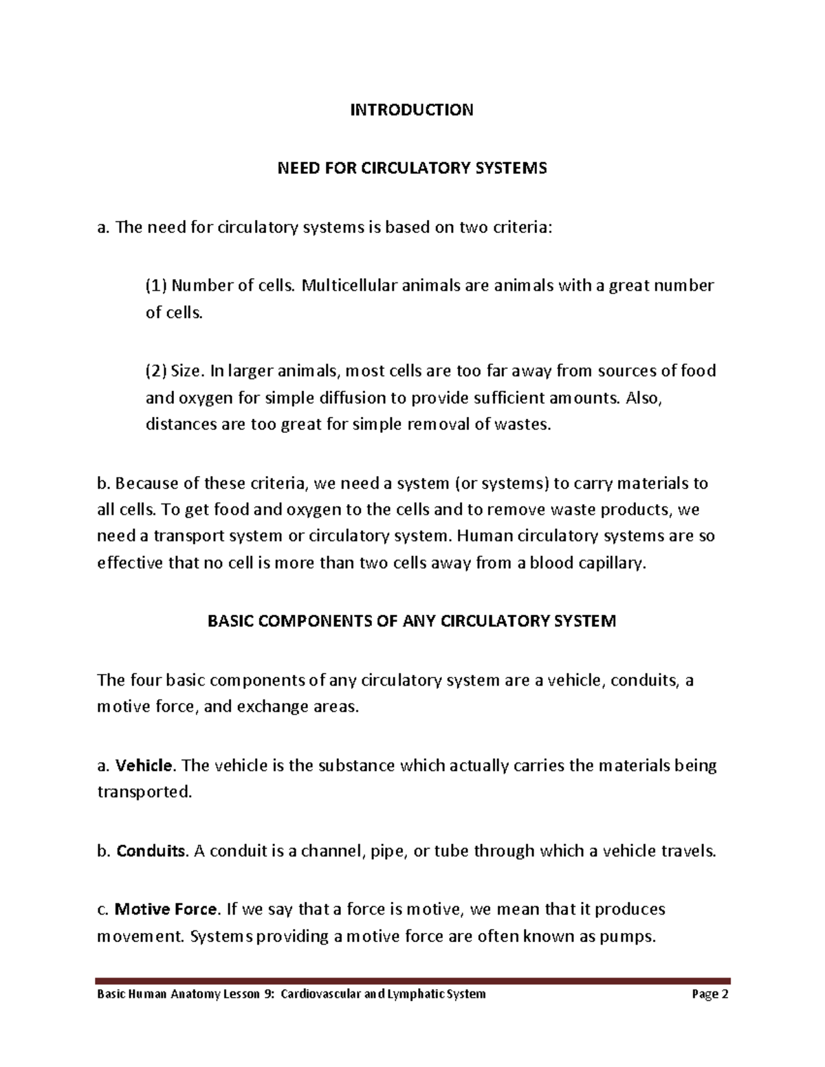 Anatomy 9 Lecture Notes - INTRODUCTION NEED FOR CIRCULATORY SYSTEMS a ...