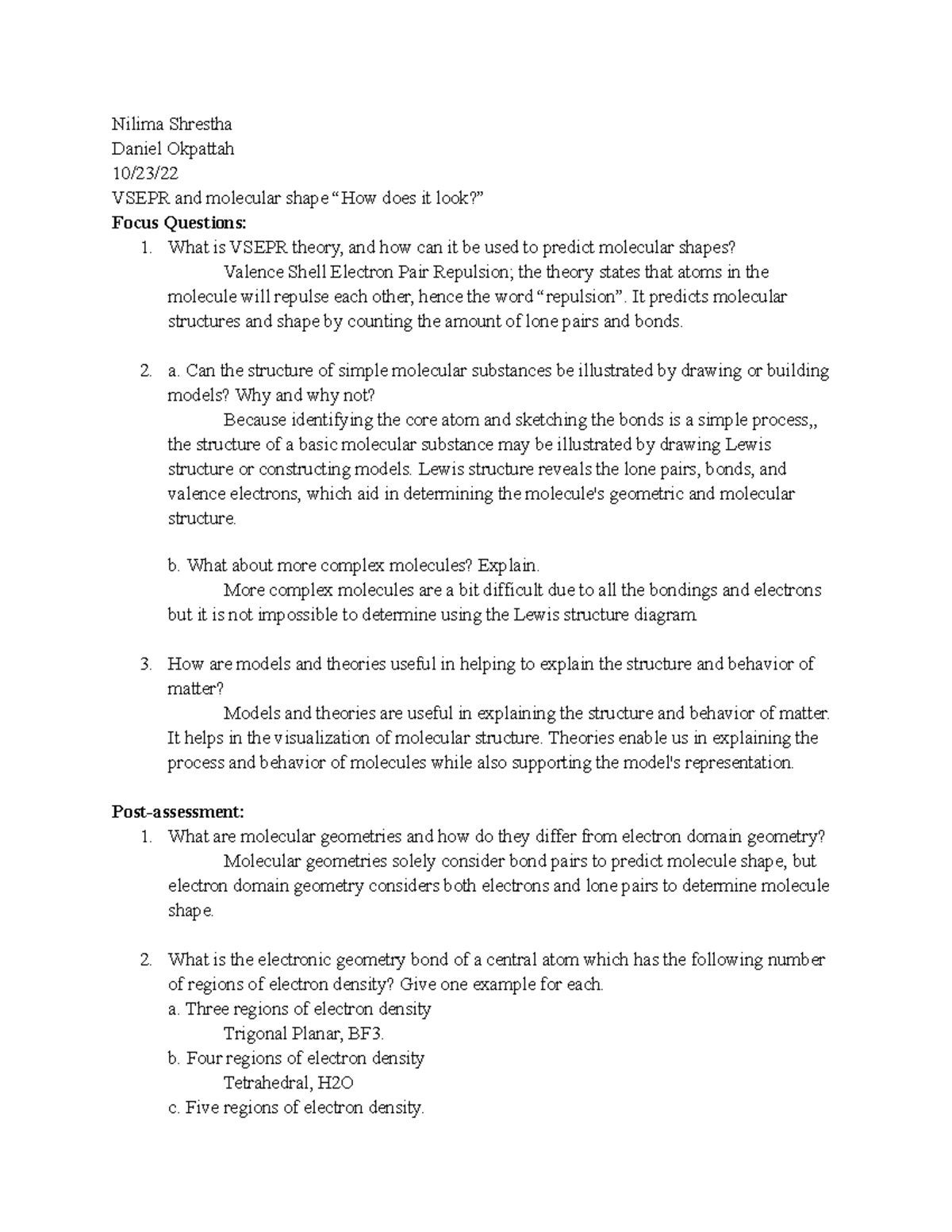 Lab 6 Lab report 6 VSEPR and molecular shape “How does it look