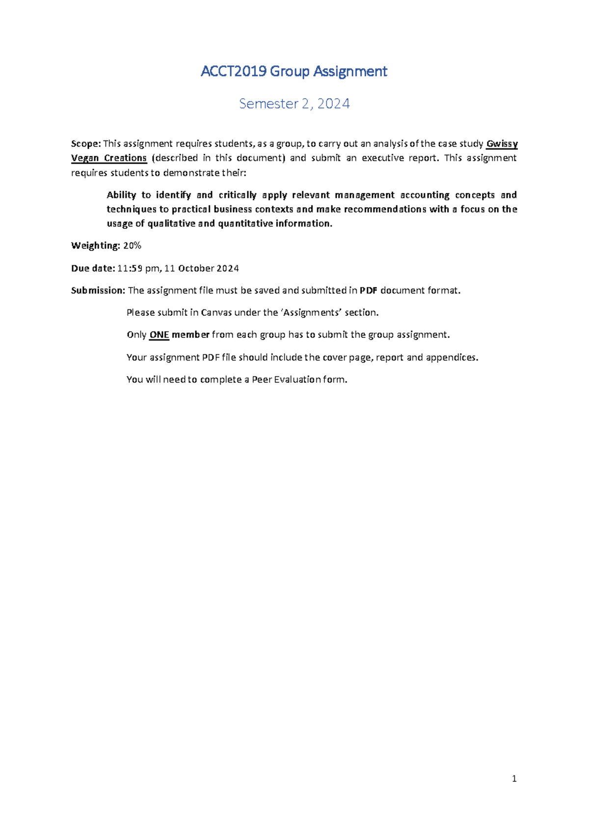 Group Assignment - ACCT2019 Group Assignment Semester 2 , 2024 Scope ...