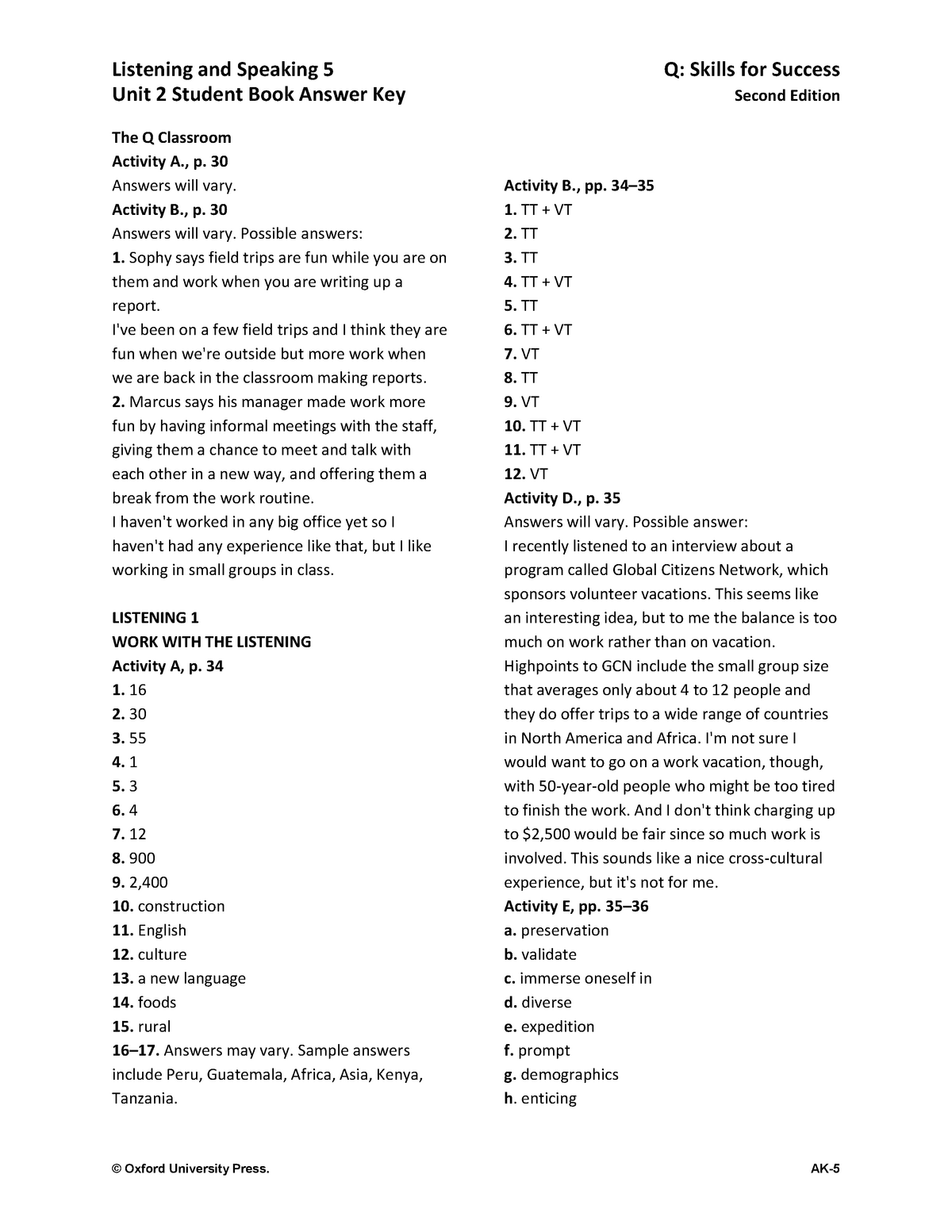 Q2e LS5 U02 Answer Key Listening And Speaking 5 Q Skills 