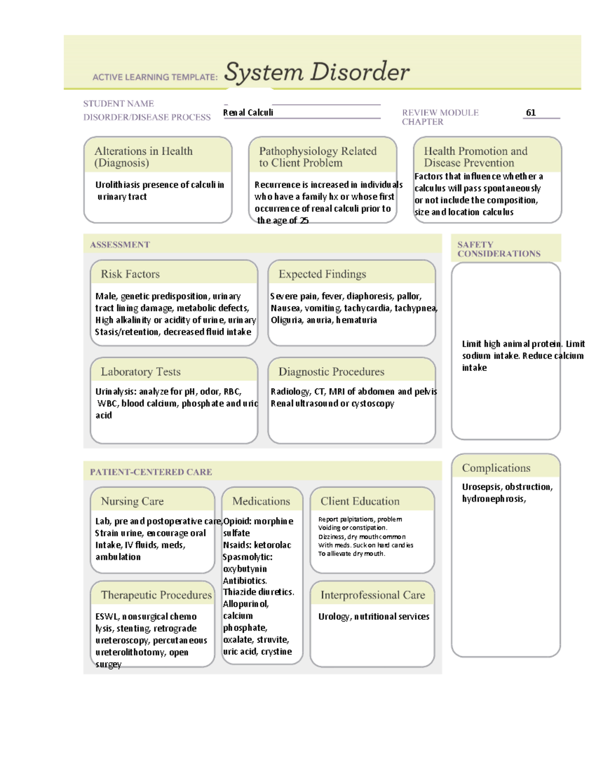 Renal calculi system review ATI template /ůĞĂ DĂLJ ZĞŶĂů ĂůĐƵůŝ ςϭ