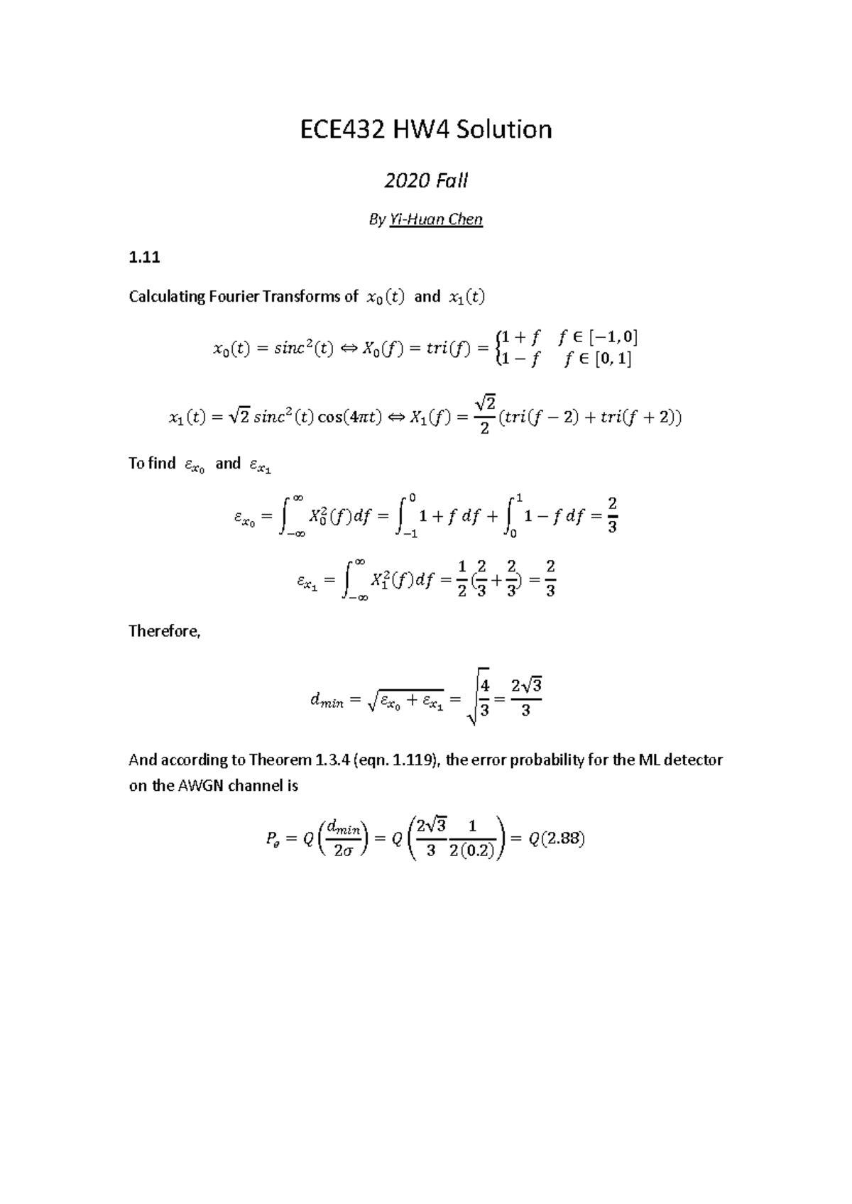 ECE 432 - Digital Communication - Homework 4 - ECE432 HW4 Solution 2020 ...