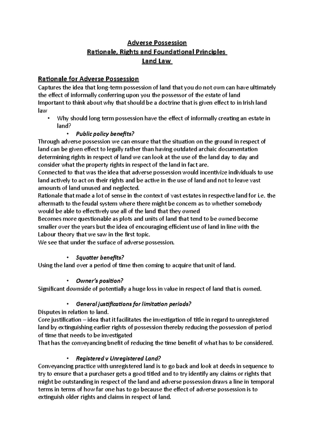 Adverse Possession - Lecture Notes 1-12 - Adverse Possession Rationale ...