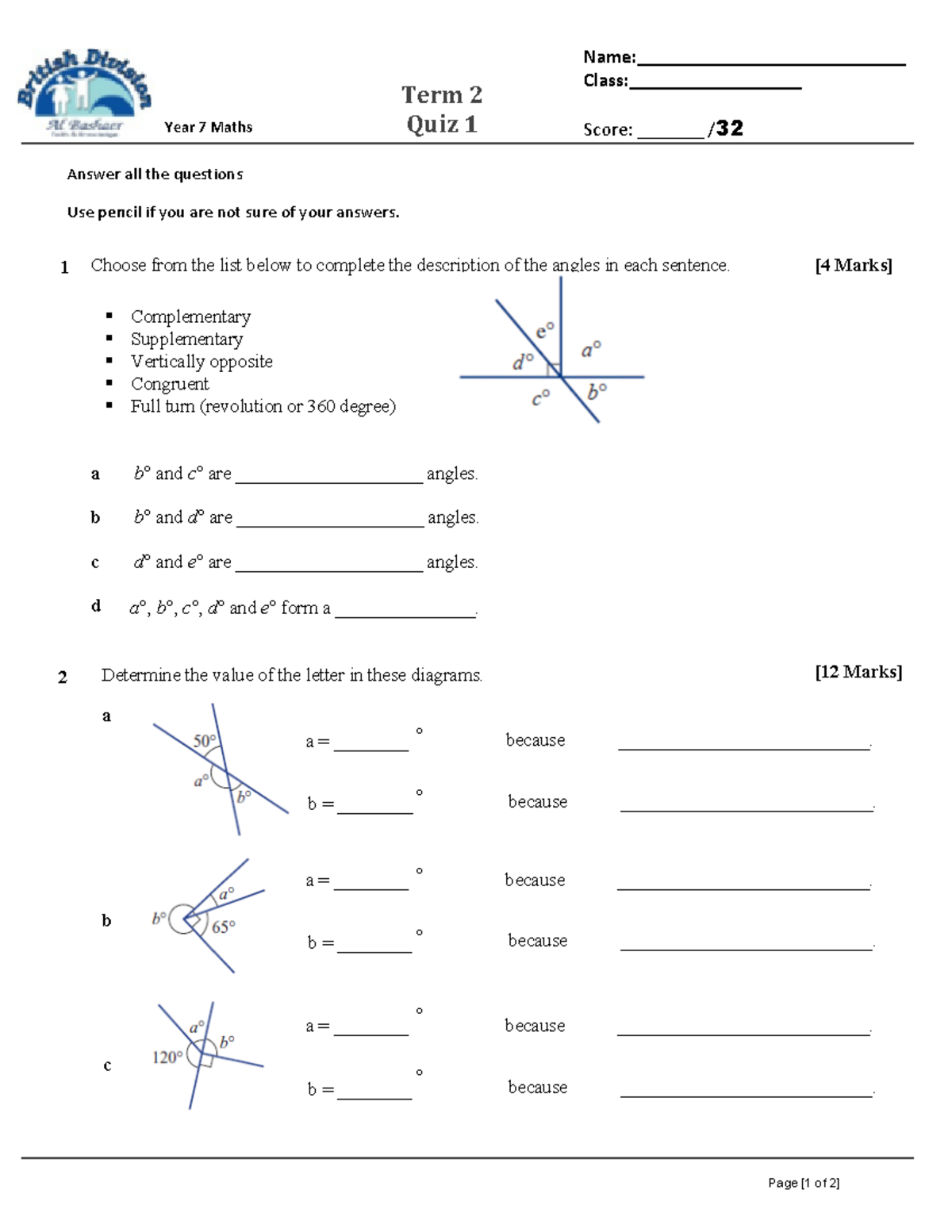 Term 2 - Quiz 1 (2021-22) - 1 Choose from the list below to complete ...