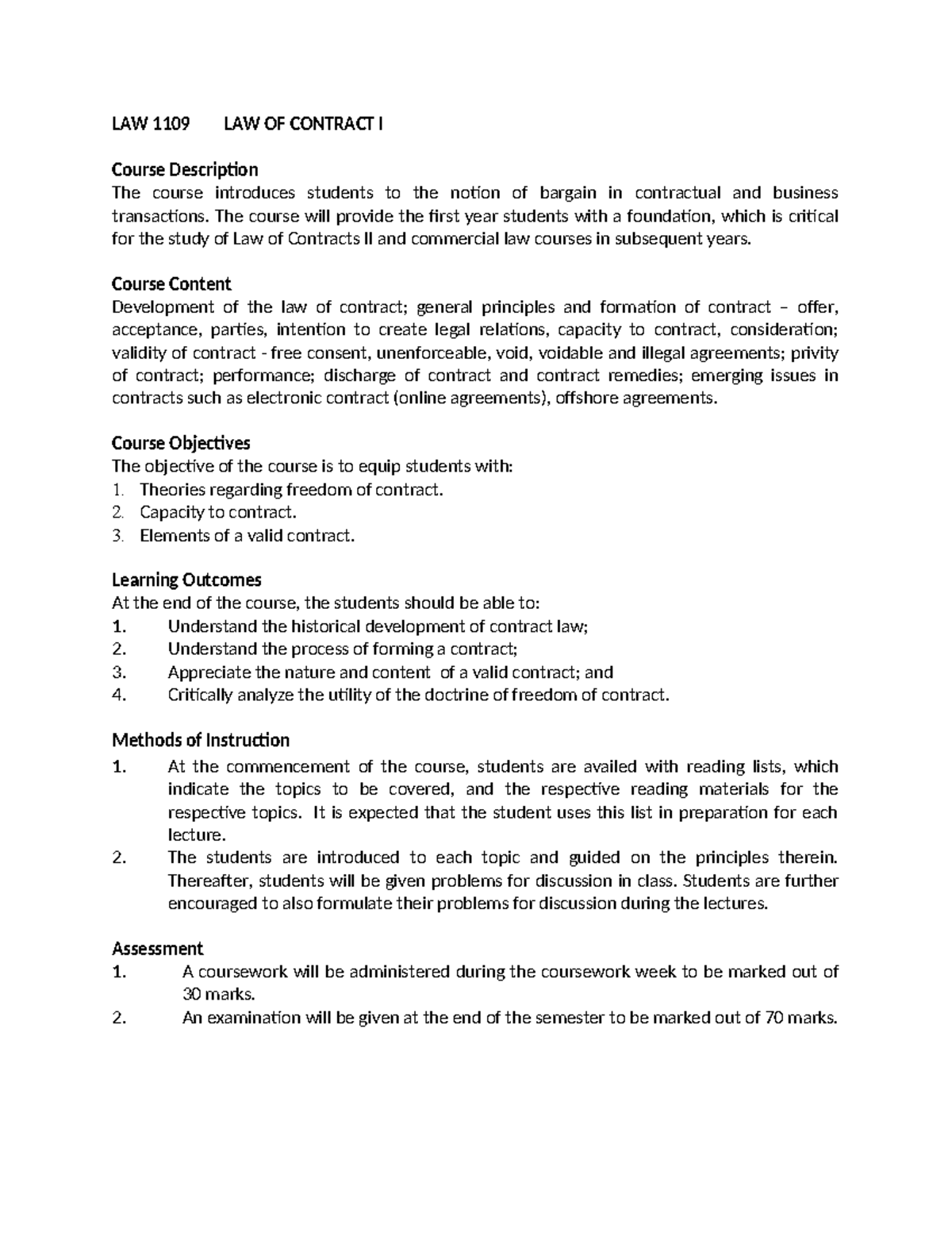 Law 1109law Of Contract I Law 1109 Law Of Contract I Course