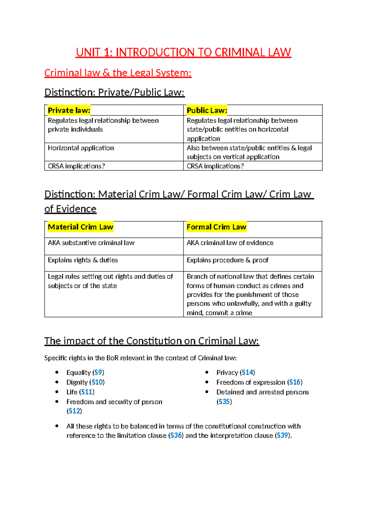 Sem Test 2 Notes - UNIT 1: INTRODUCTION TO CRIMINAL LAW Criminal law ...