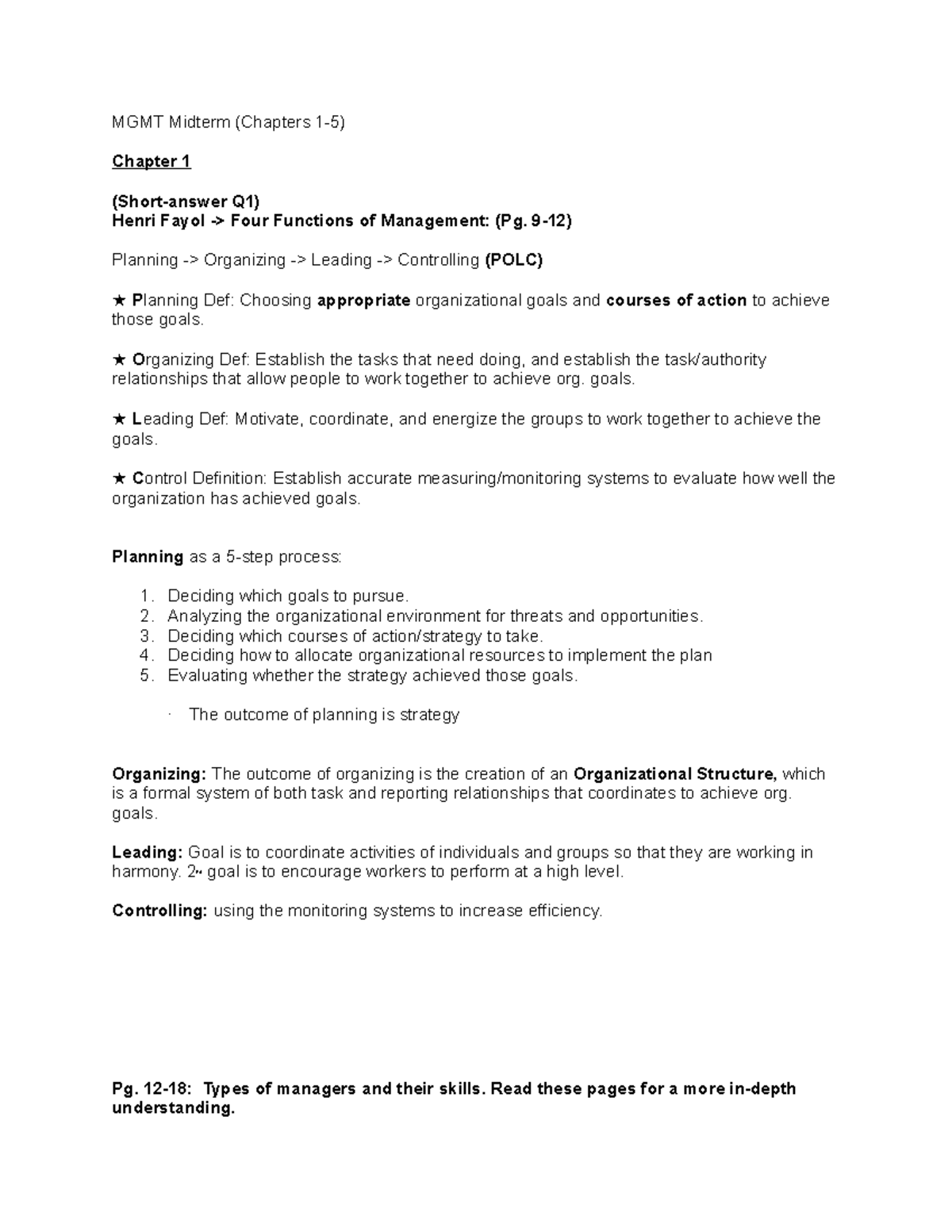 MGMT Midterm Study Guide Chapter 1-5 - MGMT Midterm (Chapters 1-5 ...