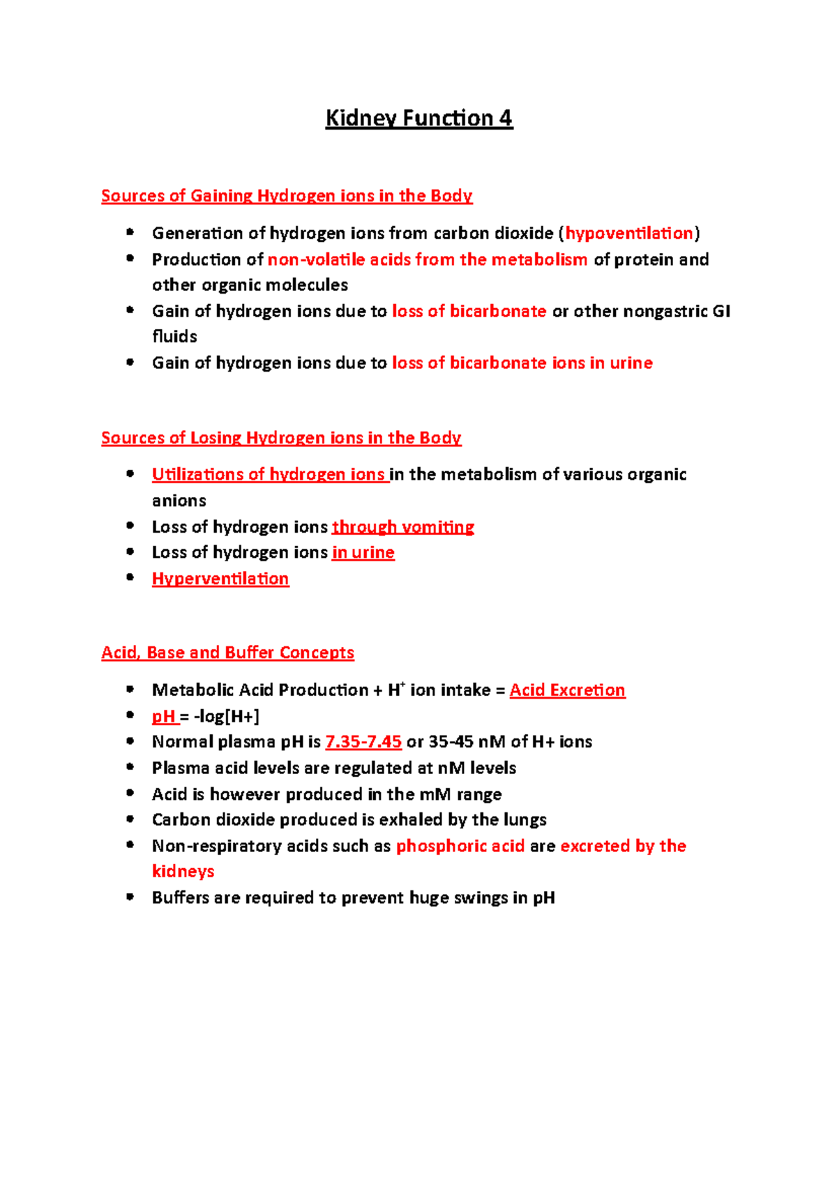 Kidney Function 4 - Lecture notes 4 - Kidney Function 4 Sources of ...