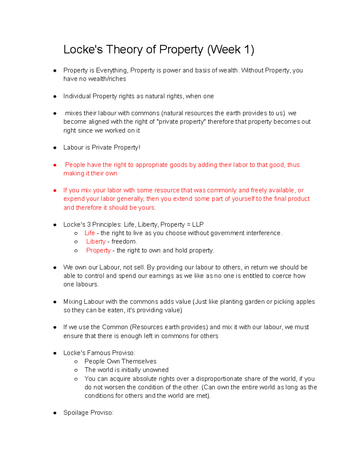Philosophy 1120G Notes Locke's Theory of Property (Week 1) Property
